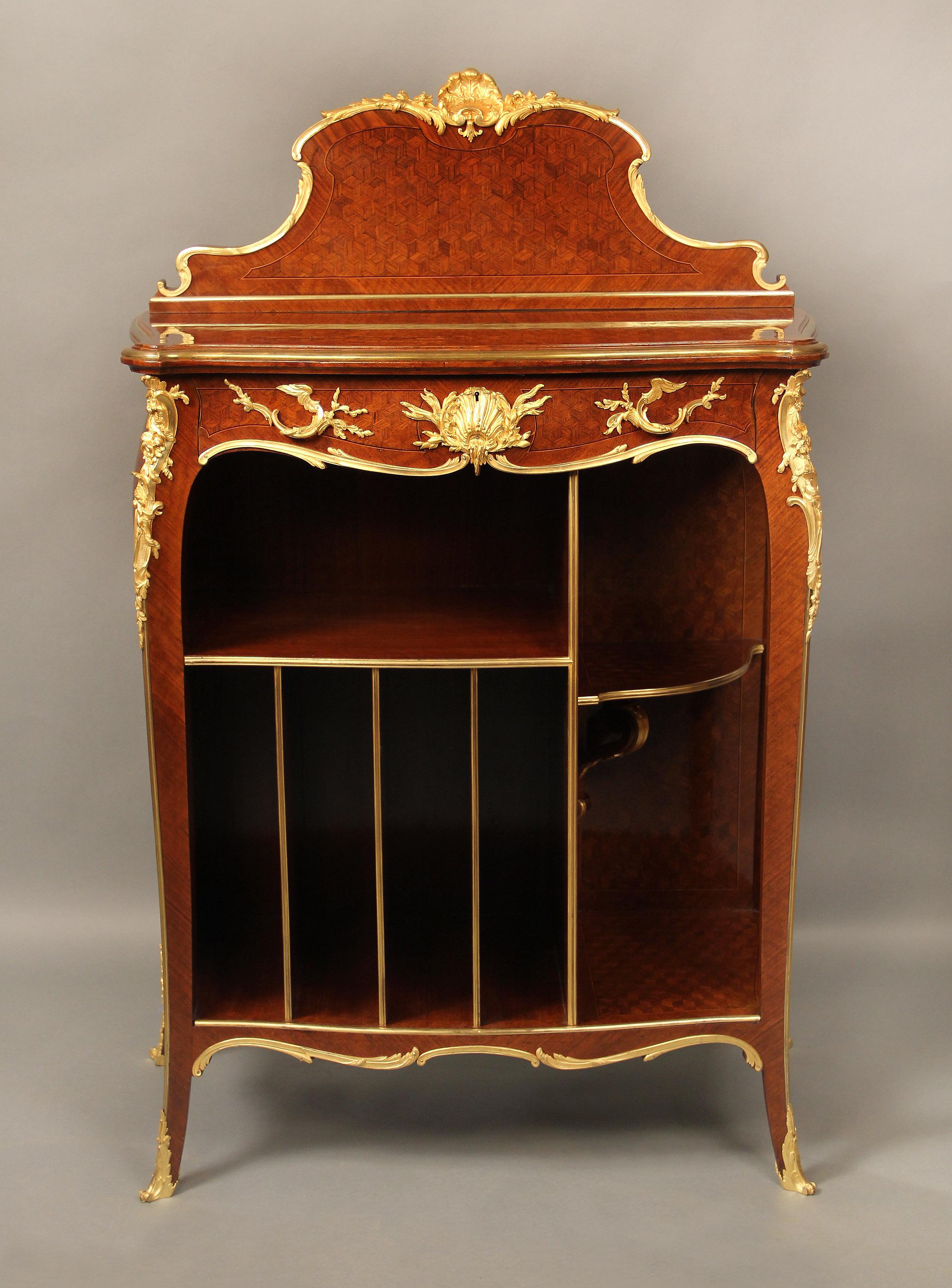 A unique late 19th century gilt bronze mounted parquetry cabinet by François Linke and Léon Messagé

François Linke and Léon Messagé

This unusual cabinet features a cube parquetry top with a back splash centered with a plume of bronze feathers