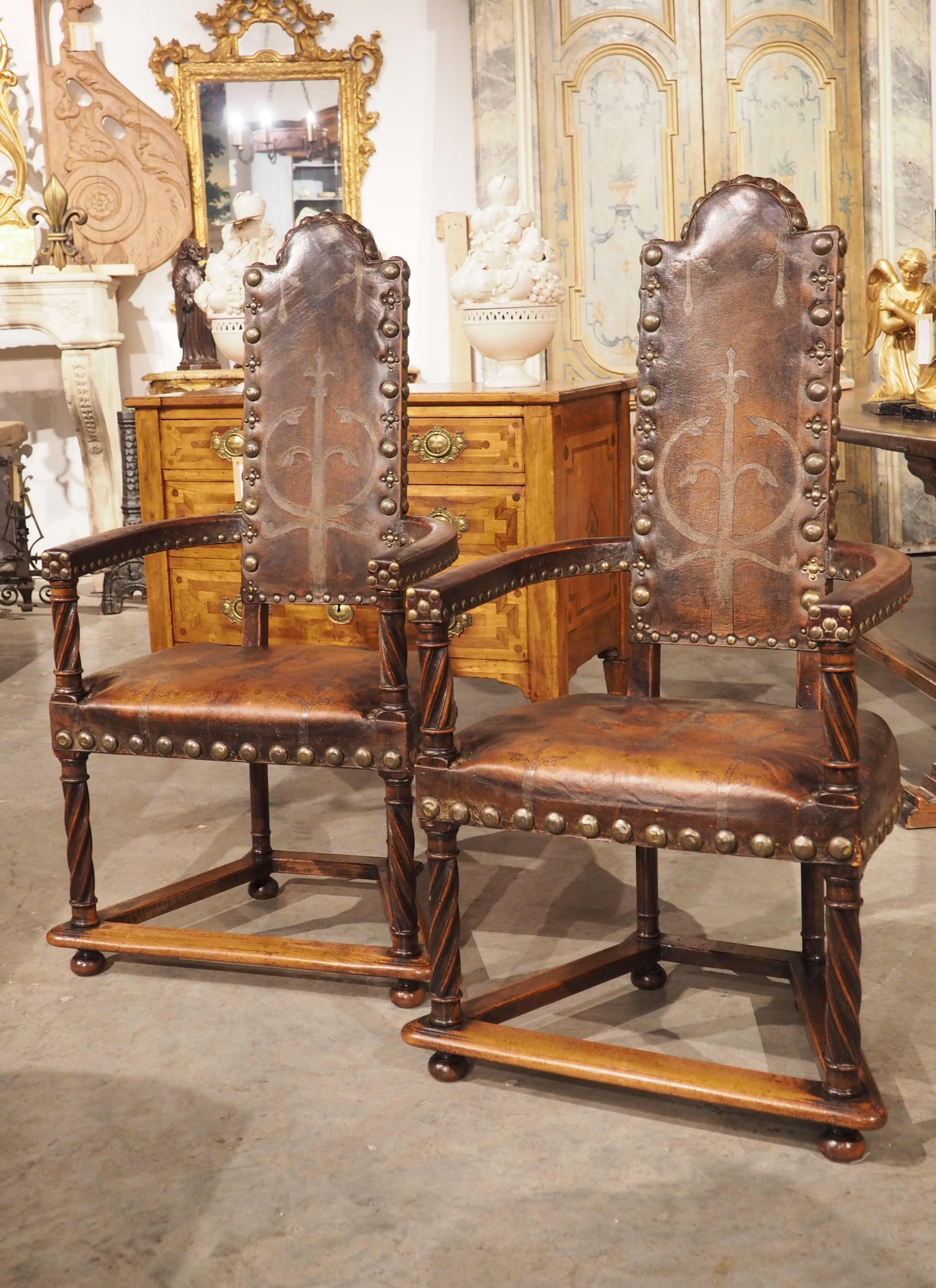 Medieval A Unique Pair of 19th Century Studded Leather Armchairs from Spain