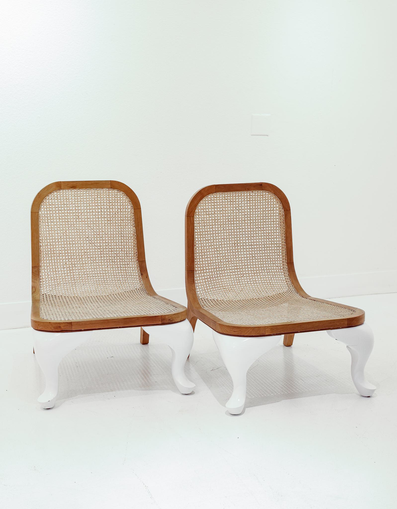 Mid-Century Modern Unique Pair of Caned Slipper Chairs