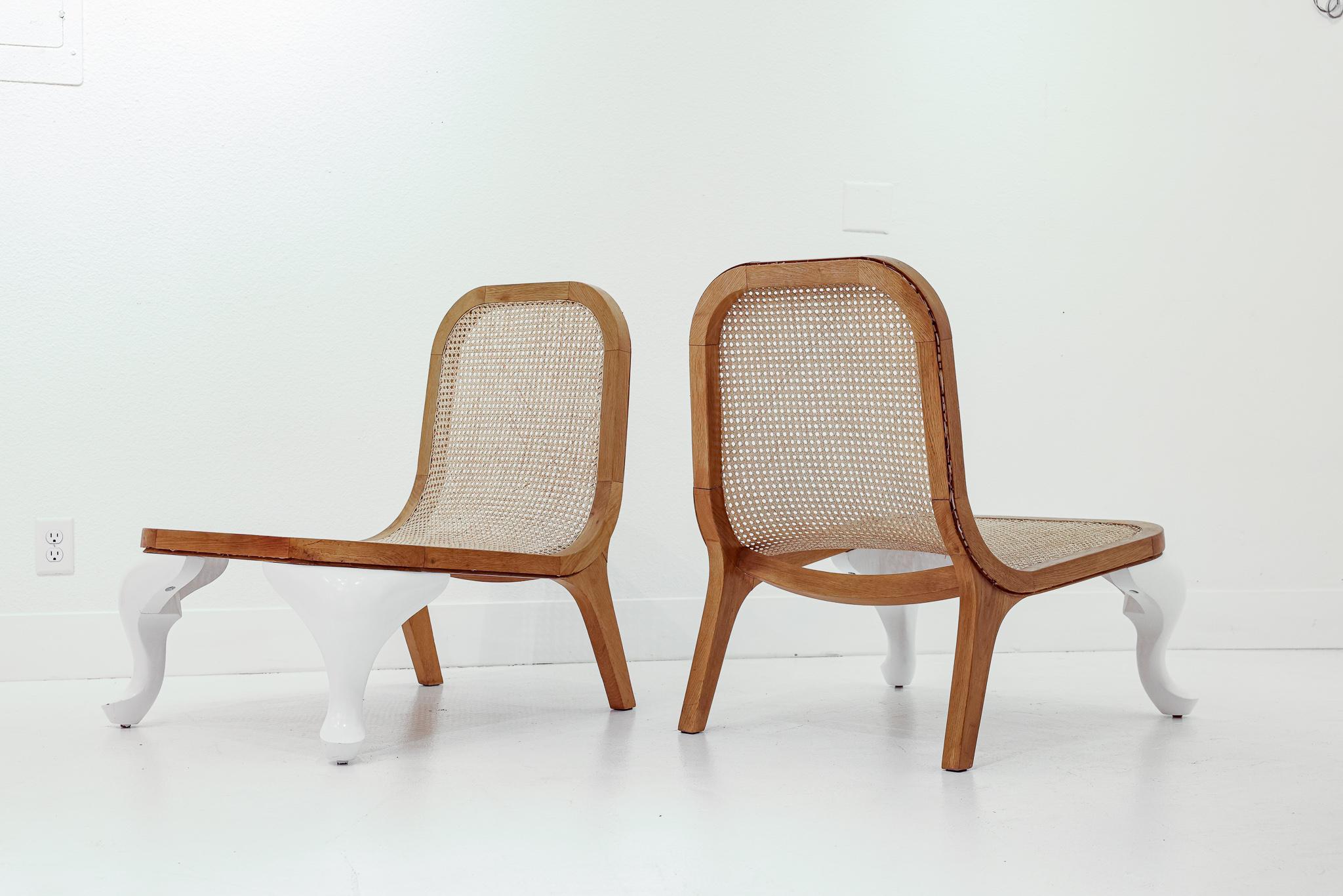 Lacquered Unique Pair of Caned Slipper Chairs