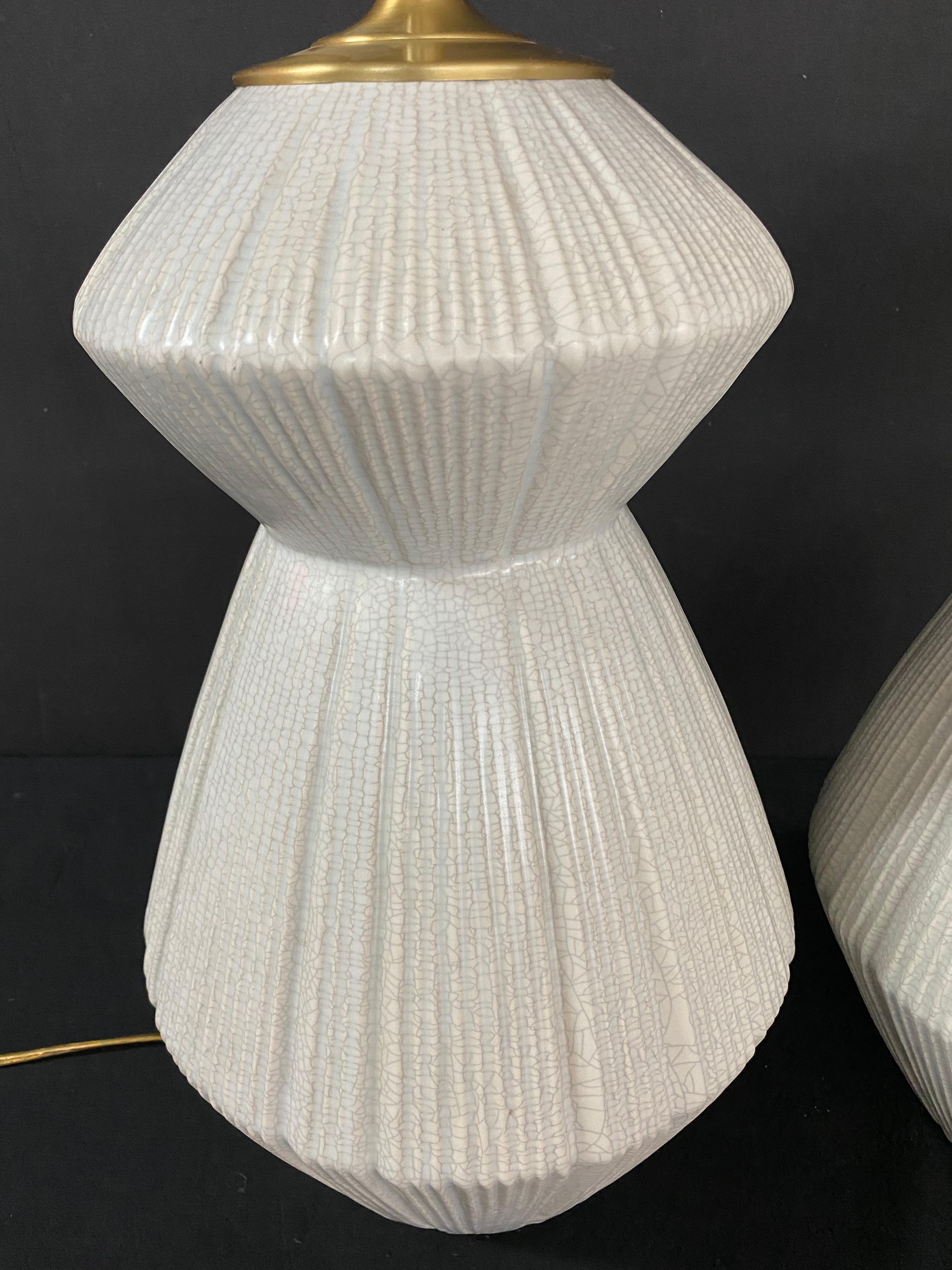 Porcelain Unique Pair of Elegant Modernist Fluted Gourdes with Exquisite Crackle Glaze For Sale
