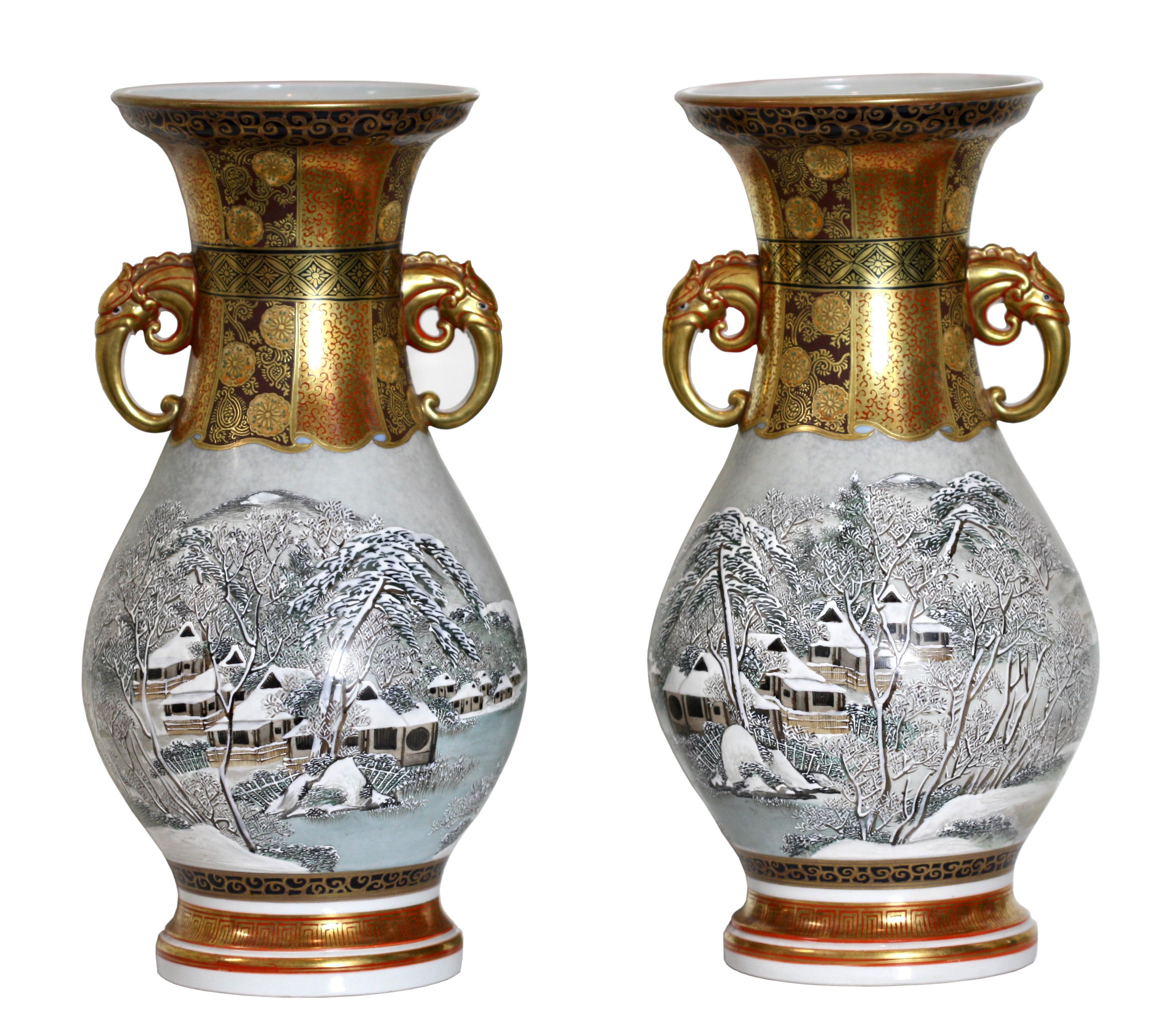 19th Century Unique Pair of Fine Kutani Studio Ceramic Vases