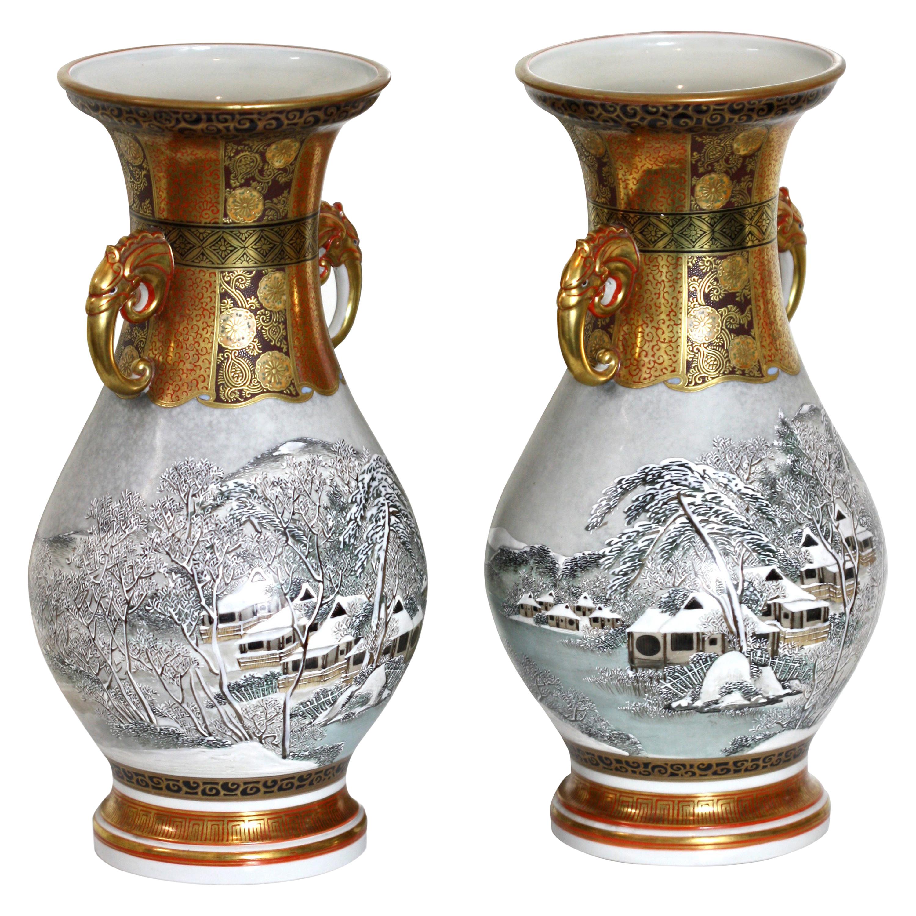 Unique Pair of Fine Kutani Studio Ceramic Vases