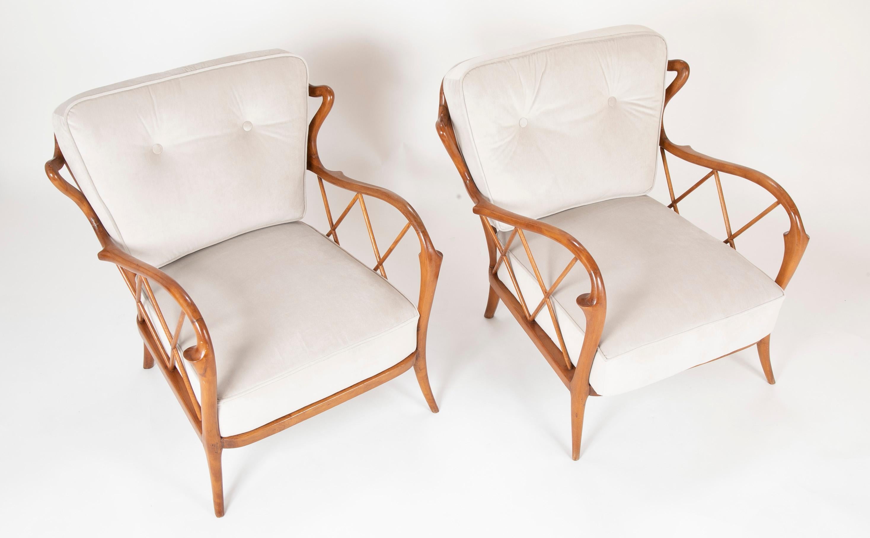 Modern Unique Pair of Walnut Armchairs in the Manner of Paolo Buffa