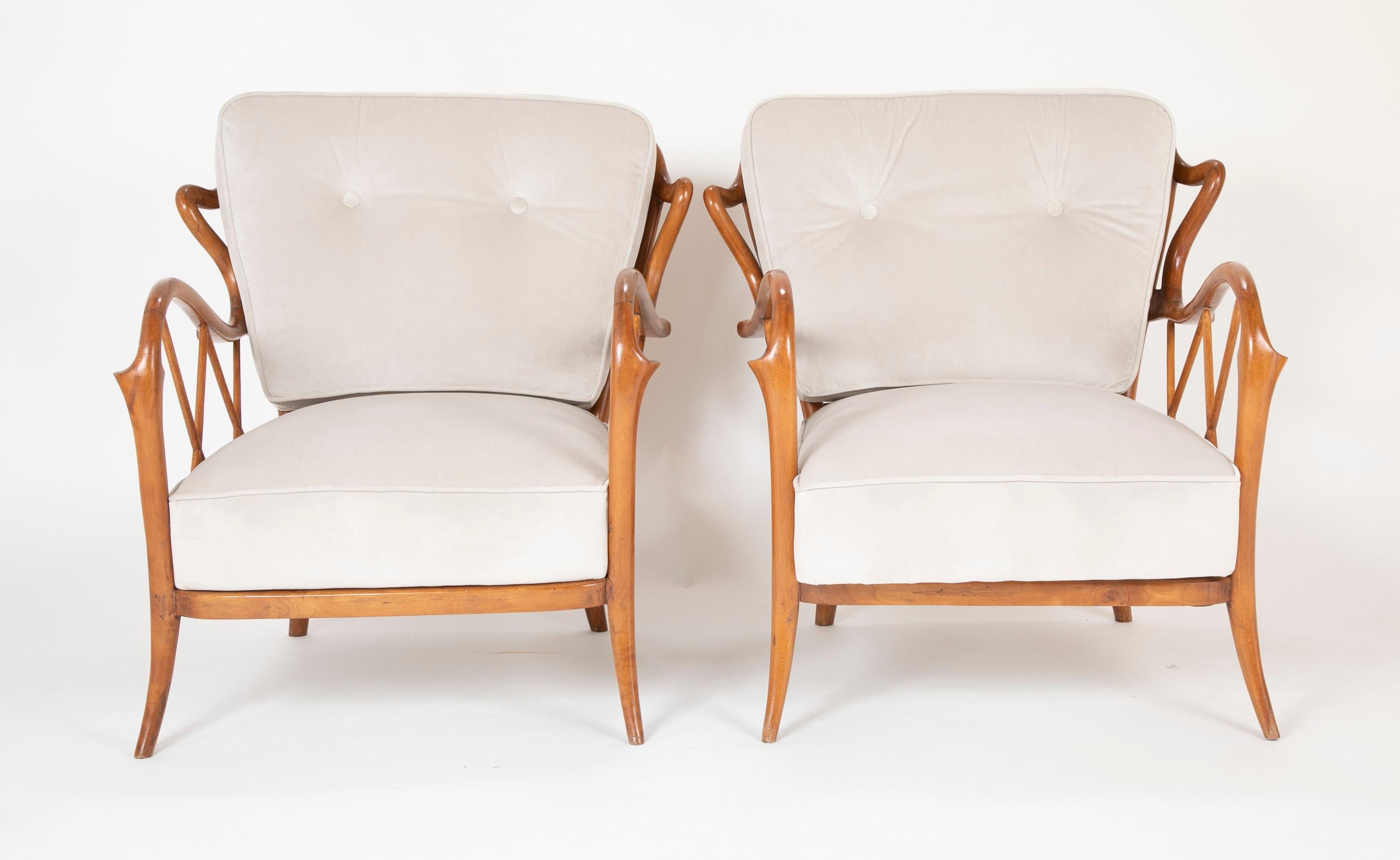 Bleached Unique Pair of Walnut Armchairs in the Manner of Paolo Buffa