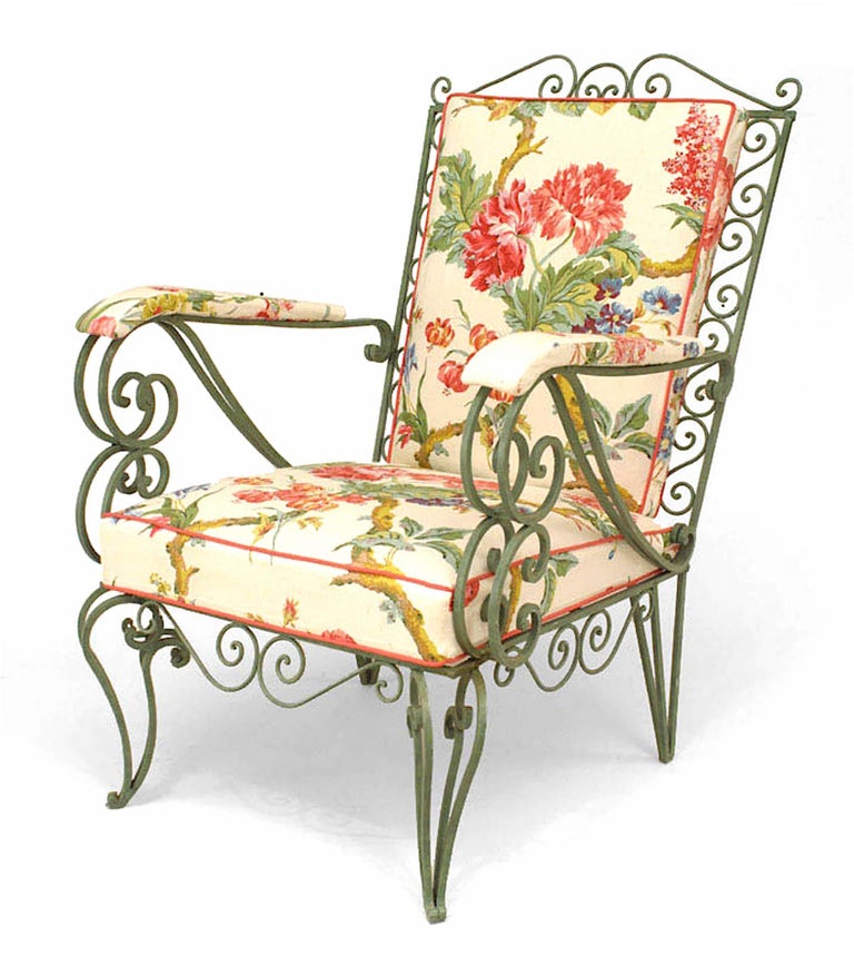 Set of 4 French Mid-Century Iron Scroll Arm Chairs For Sale at 1stDibs