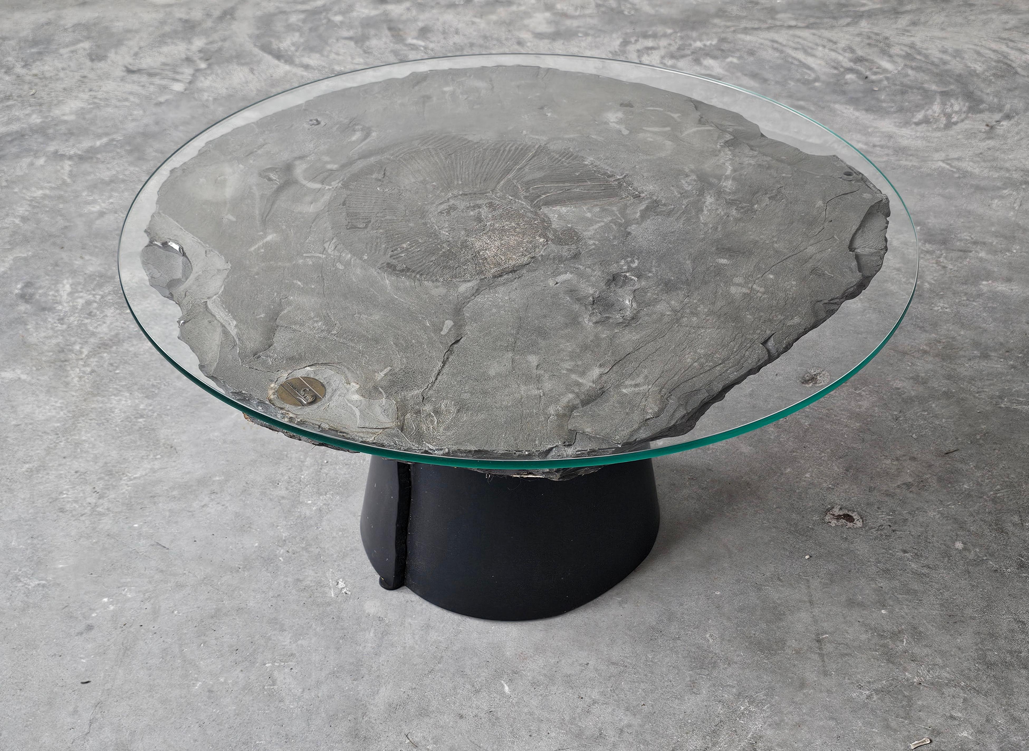 A unique side table done in fossil stone with Ammonite Lytoceras fossil top For Sale 6