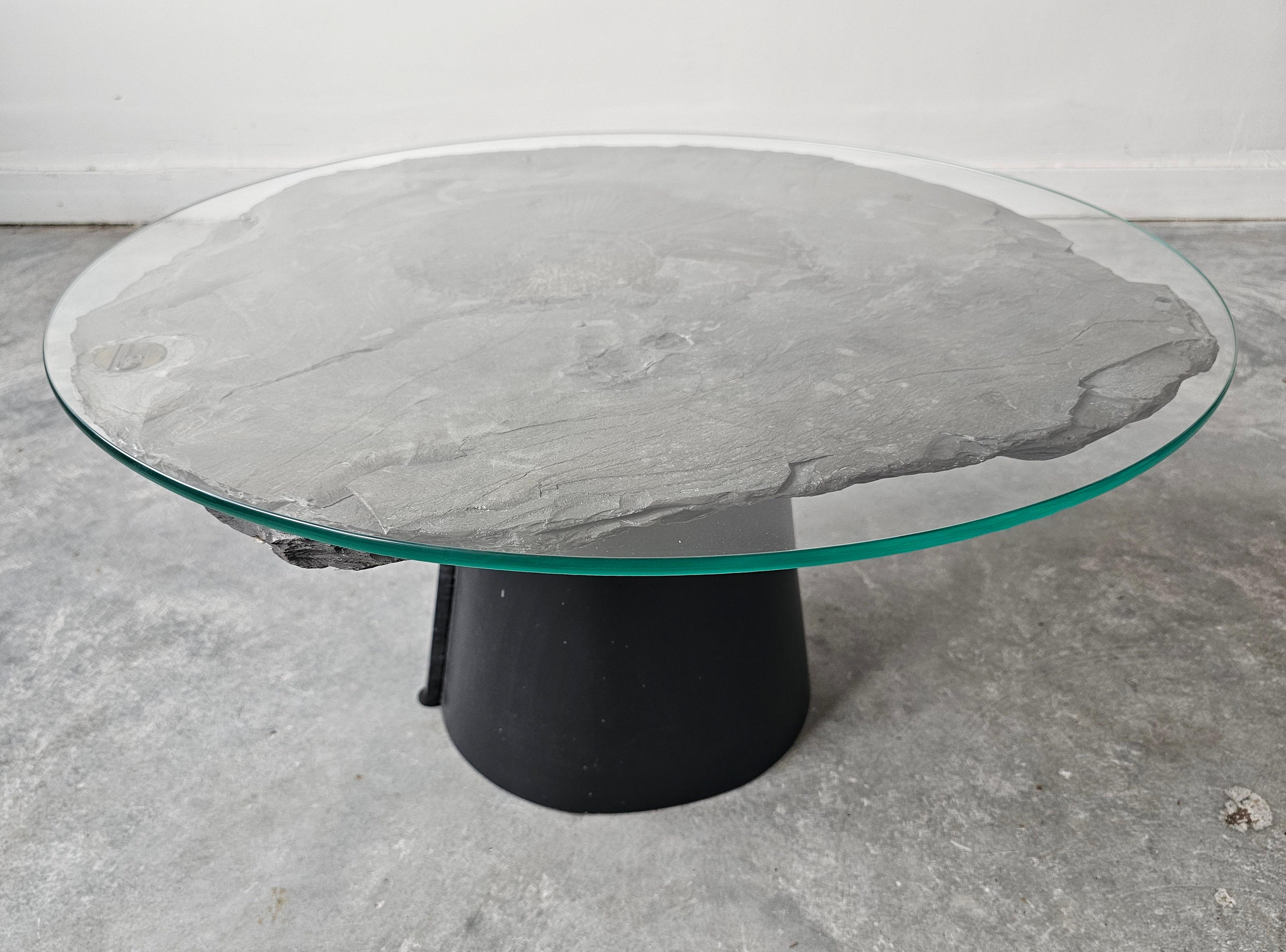 A unique side table done in fossil stone with Ammonite Lytoceras fossil top For Sale 1