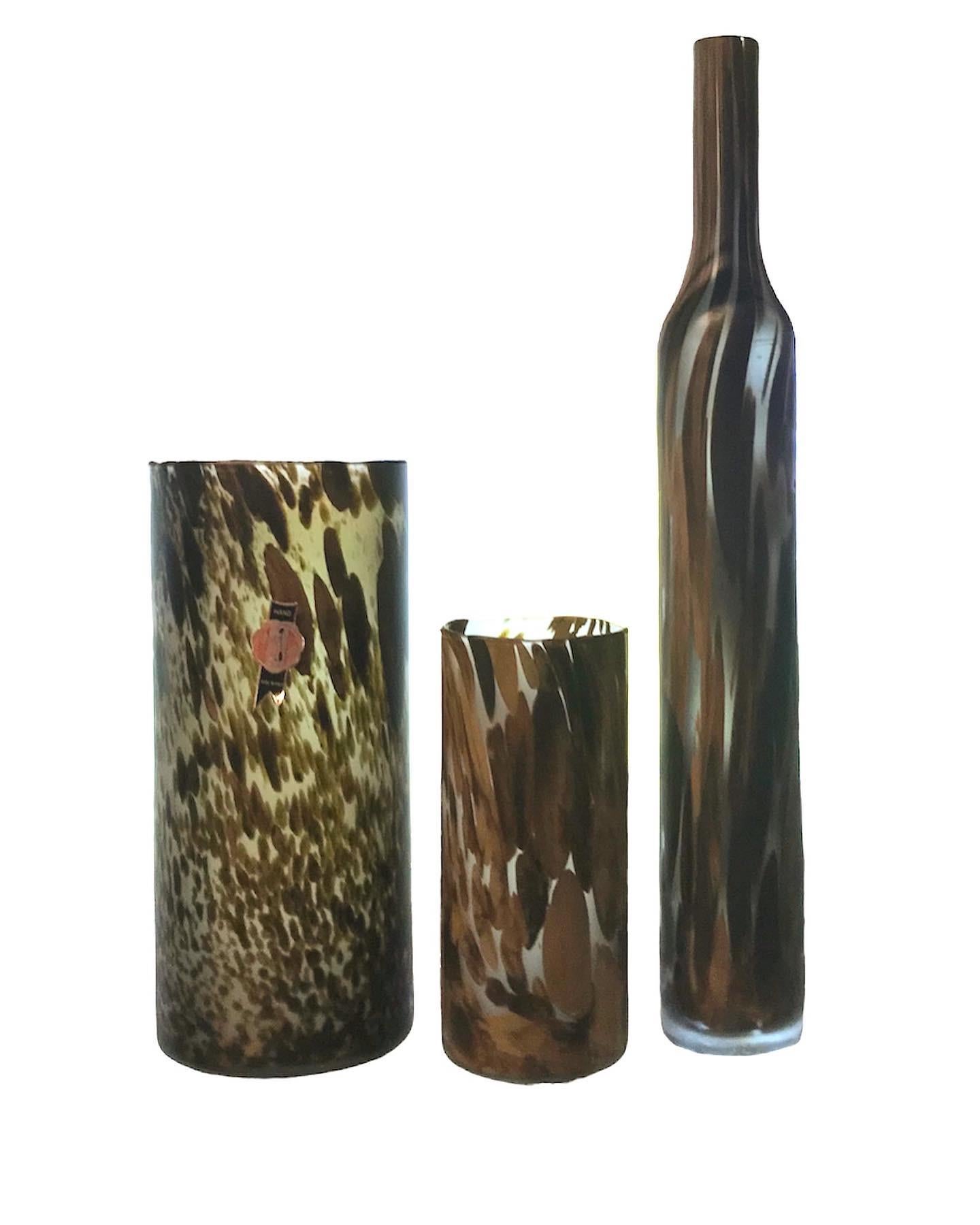 REDUCED FROM $950....Set of 3 mouth blown and hand made opaline glass vessels made in Empoli, Tuscany outside Florence. A lovely striated design with a color palette of muted browns on a matte surface. Classic and elegant, very tall bottle and two