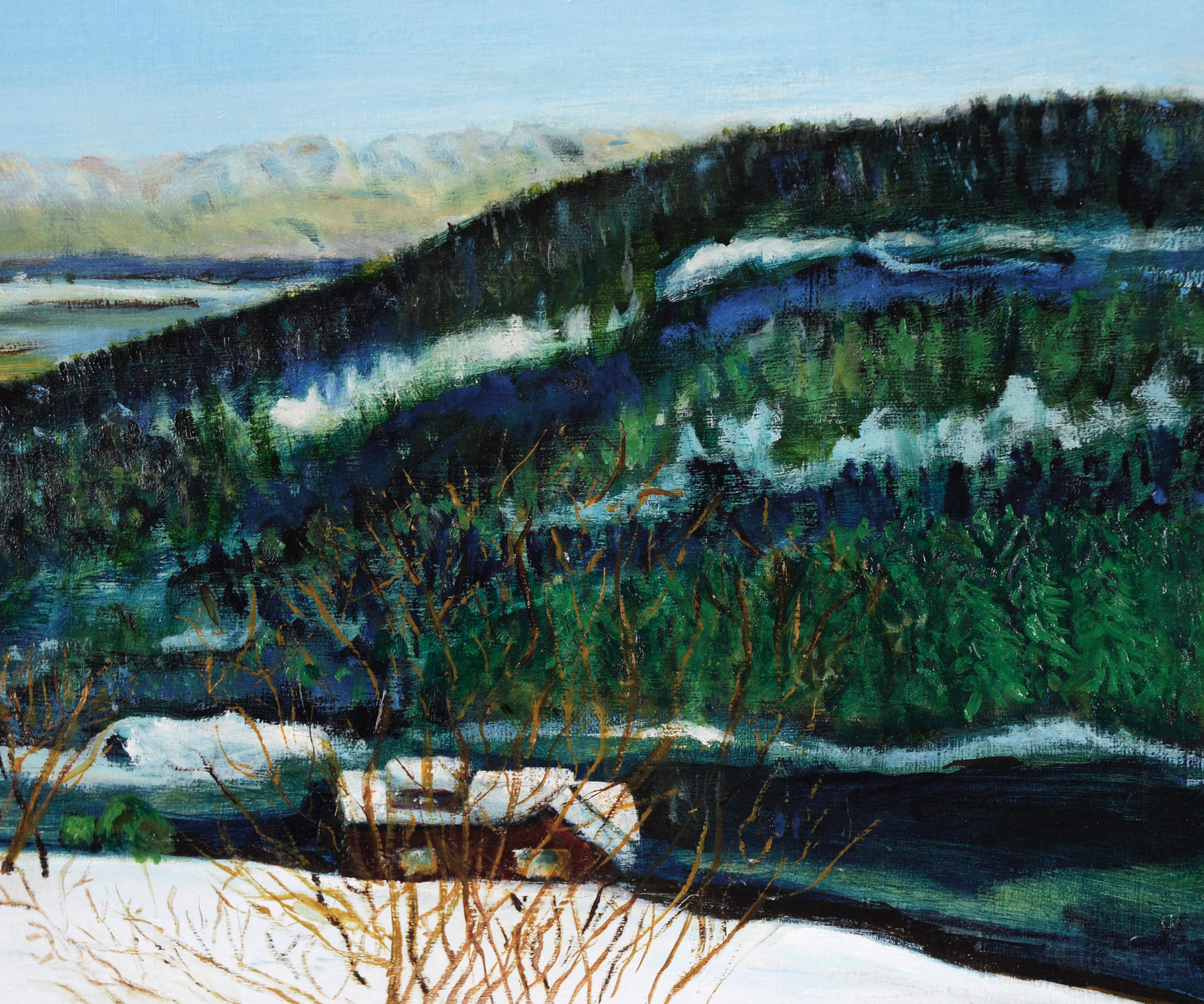 Nieve en el valle - Paisaje invernal al óleo sobre lienzo - Landscape Painting Azul de A. V. Gagliardi