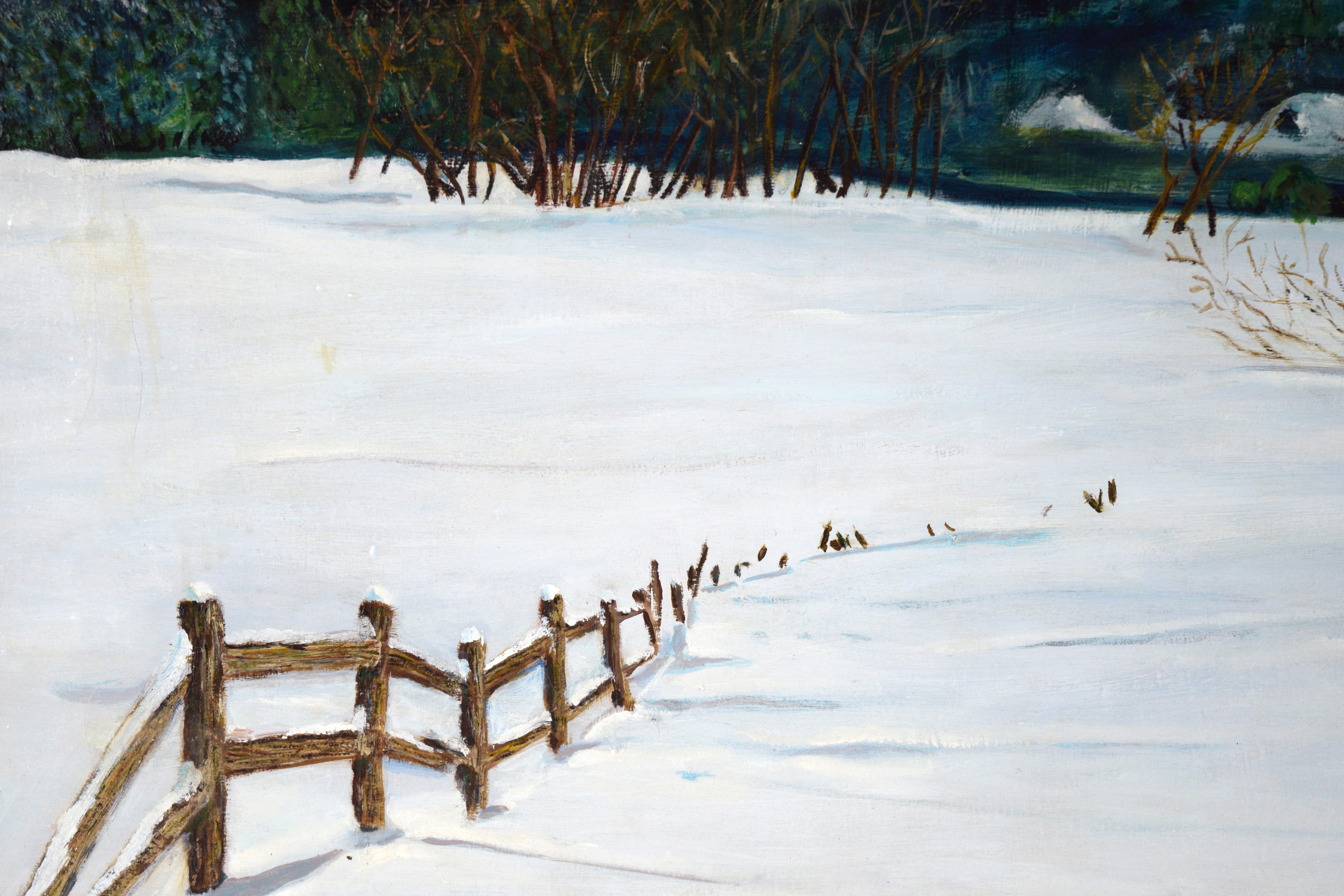 Nieve en el valle - Paisaje invernal al óleo sobre lienzo

Sereno paisaje invernal de A. V. Gagliardi (siglo XX). Un valle cubierto de nieve, con una pequeña casa y un río a media distancia. Las cadenas de colinas cubiertas de vegetación perenne se