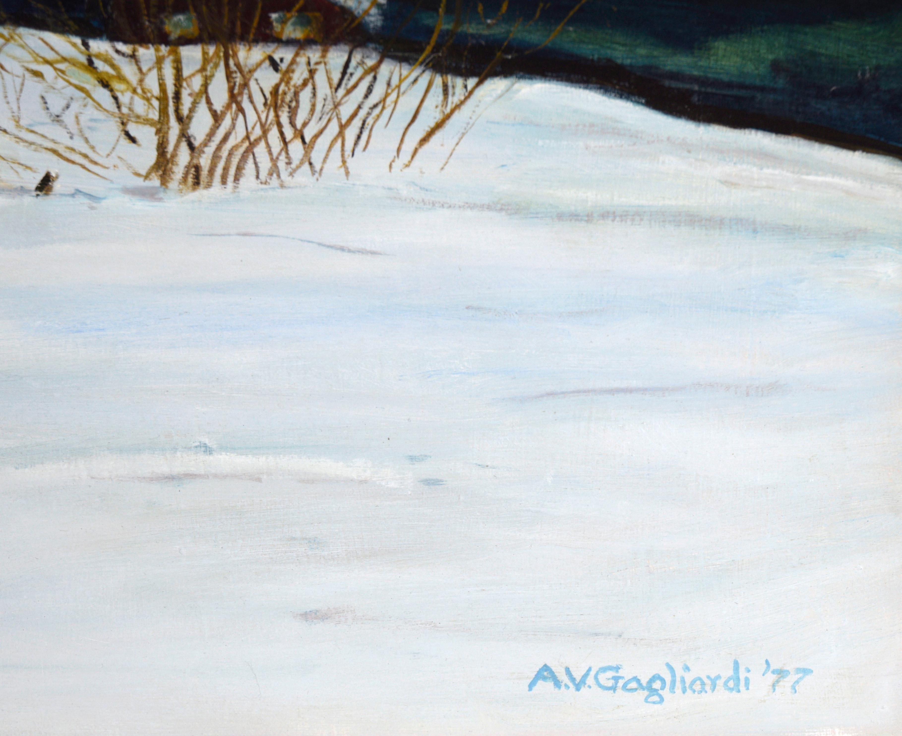 Nieve en el valle - Paisaje invernal al óleo sobre lienzo en venta 1
