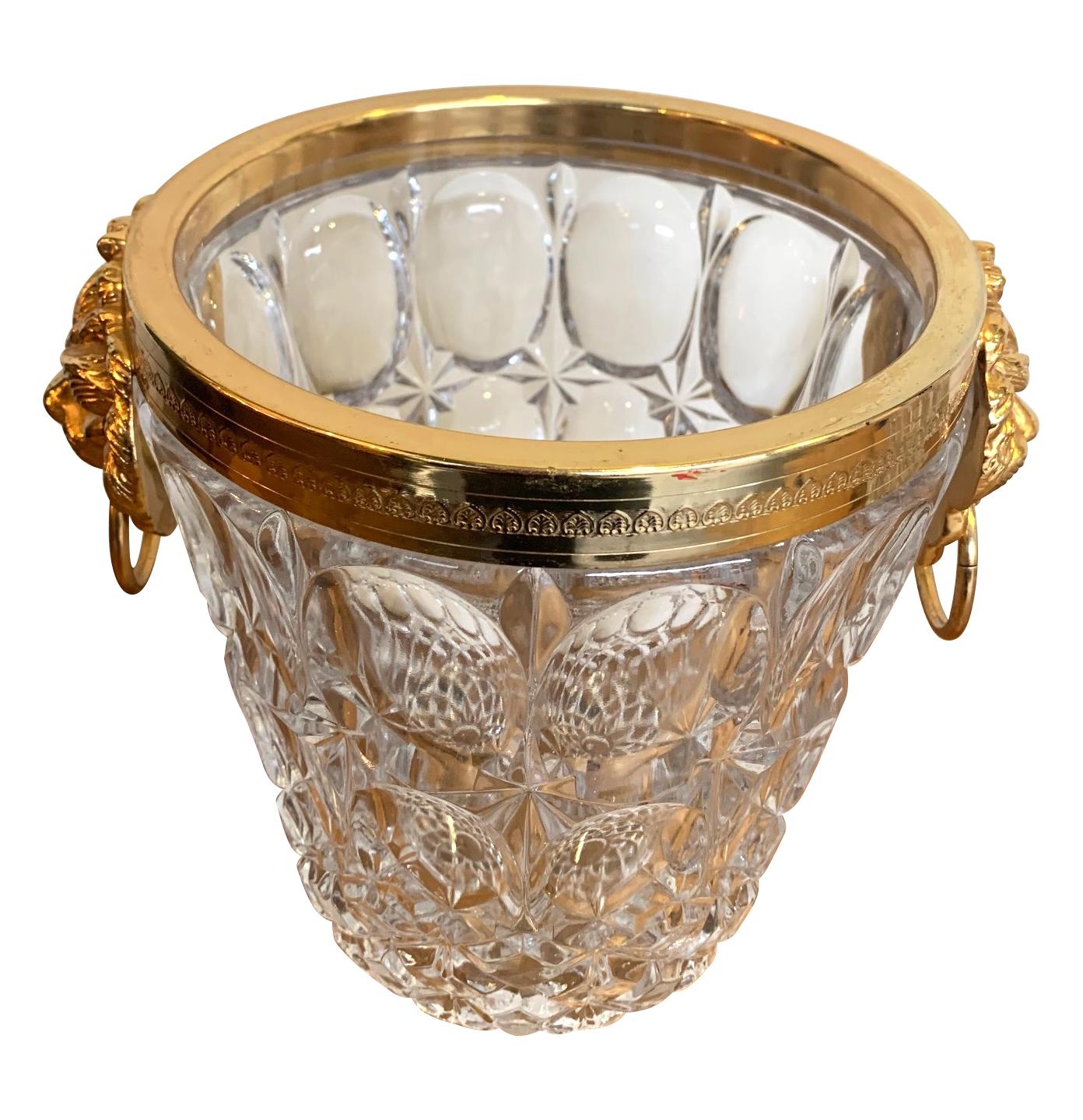 Mid-Century Modern Val Saint Lambert Crystal Champagne Bucket with Gilt Metal Lion Head Handles