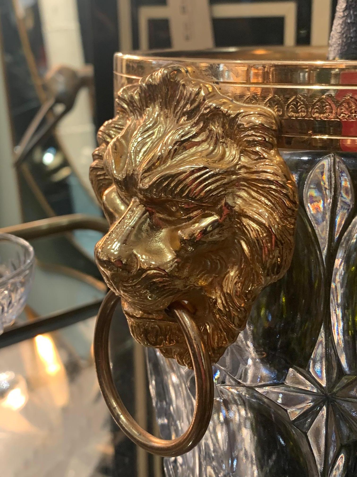Val Saint Lambert Crystal Champagne Bucket with Gilt Metal Lion Head Handles In Good Condition In London, GB