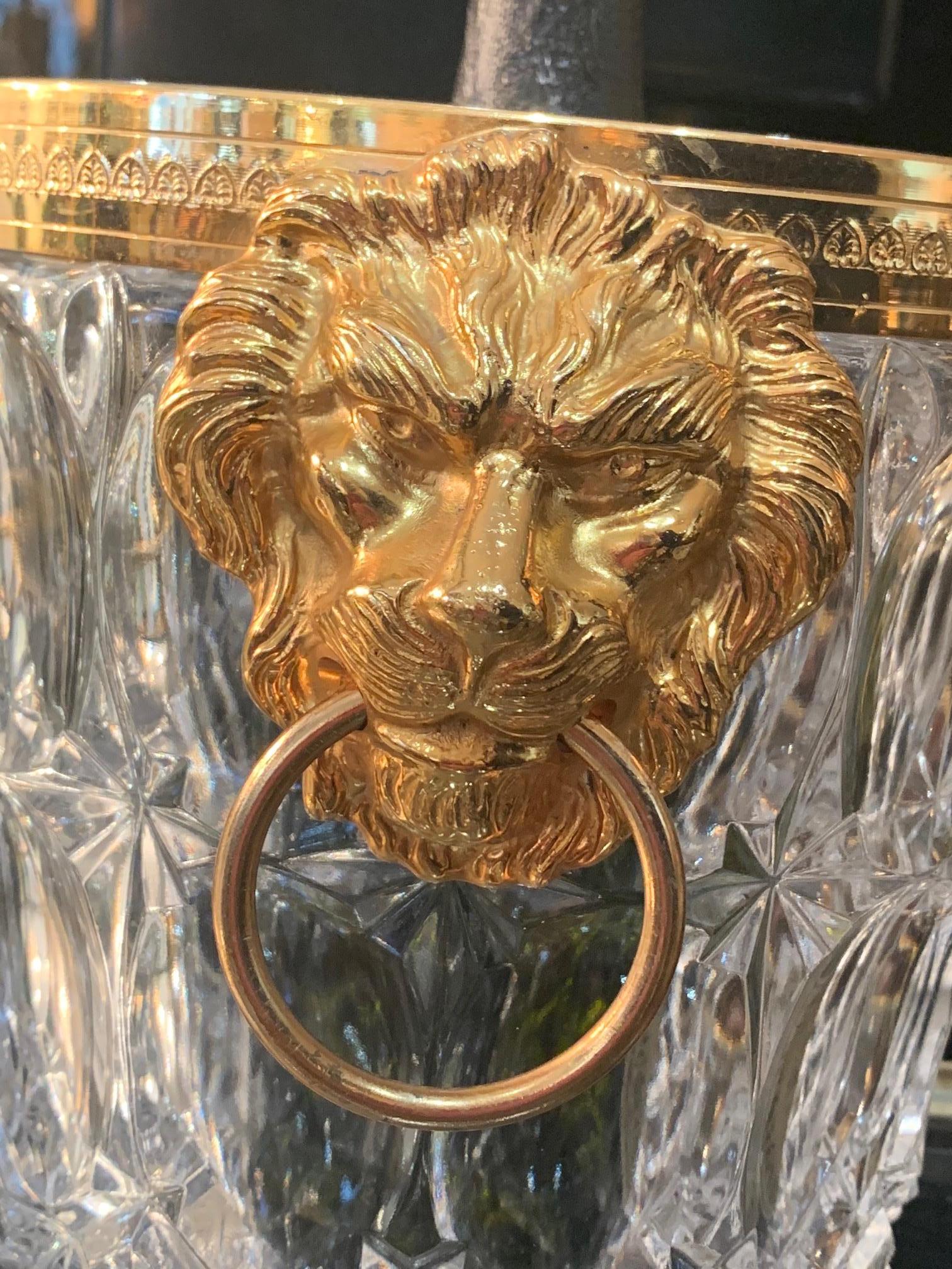 Mid-20th Century Val Saint Lambert Crystal Champagne Bucket with Gilt Metal Lion Head Handles
