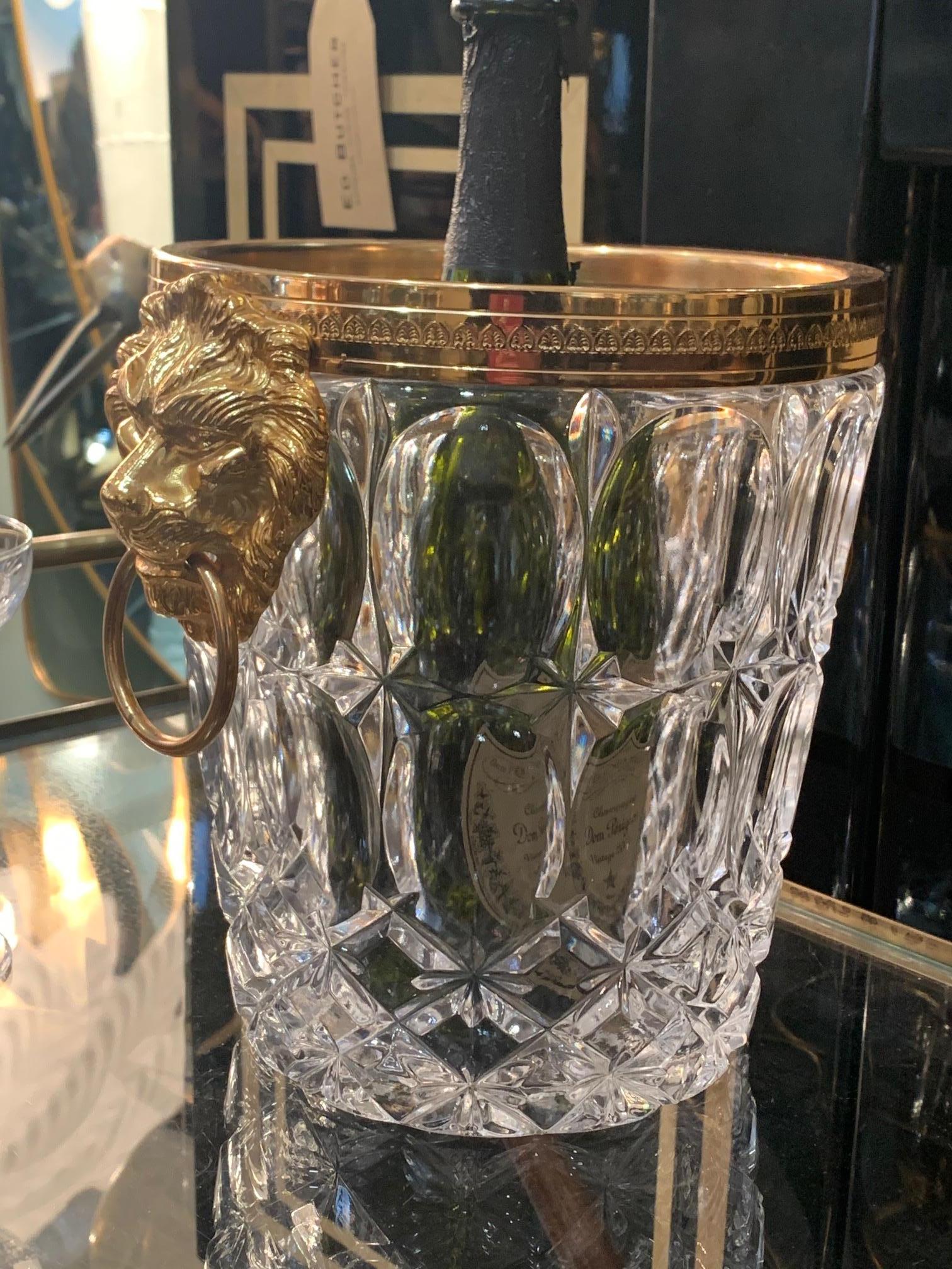 Val Saint Lambert Crystal Champagne Bucket with Gilt Metal Lion Head Handles 2
