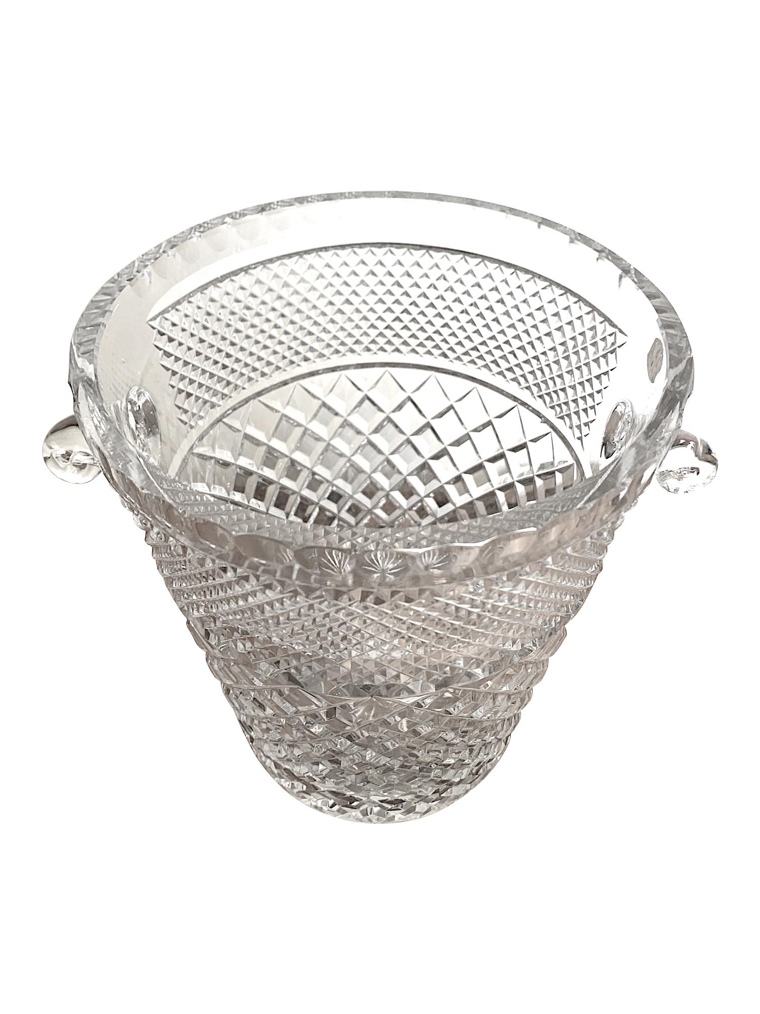 A Val Saint Lambert cut crystal champagne bucket with glass handles, still with orignal 
