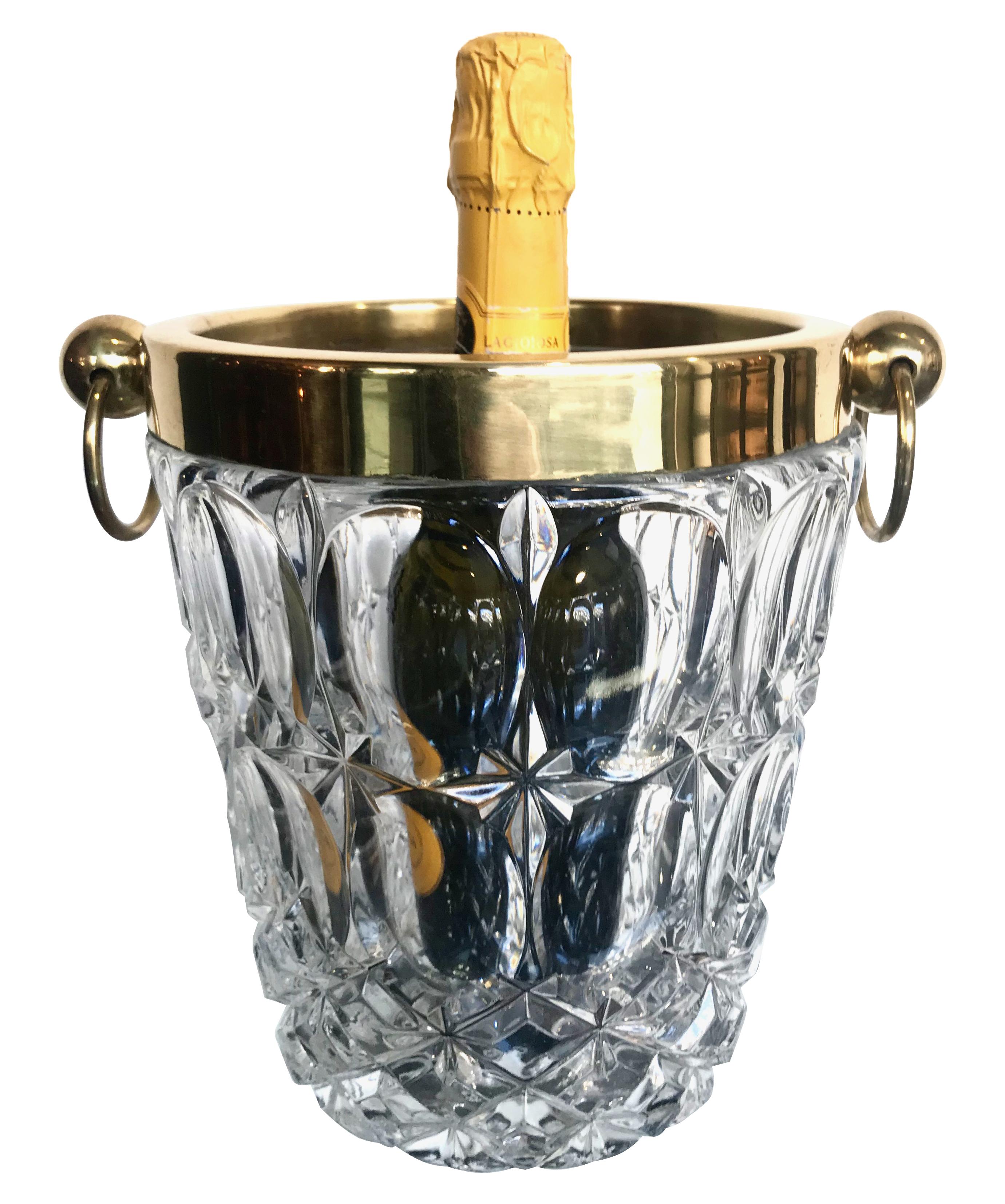 Mid-Century Modern Val St Lambert Crystal Ice Bucket with Brass Top and Handles