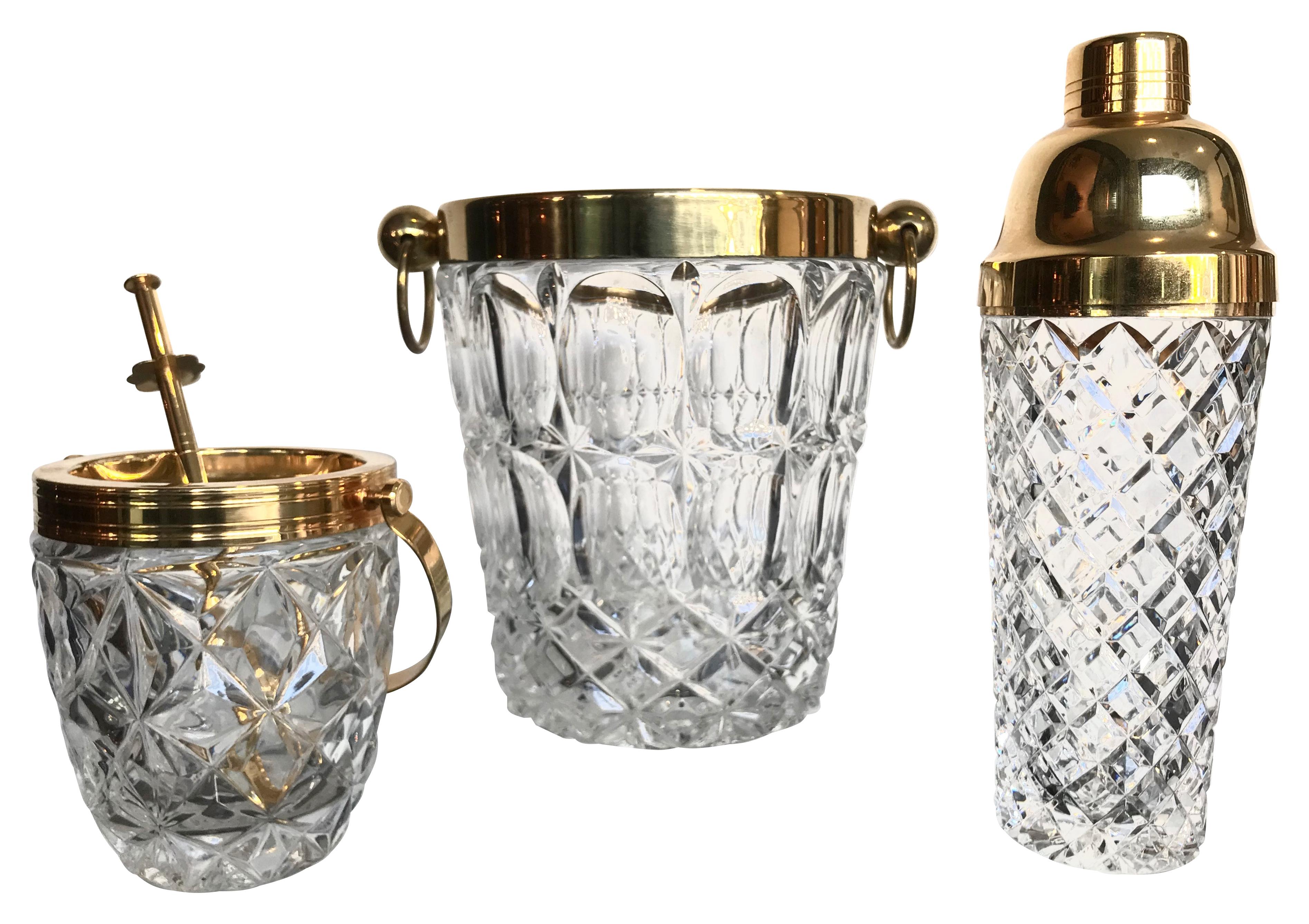 Glass Val St Lambert Crystal Ice Bucket with Brass Top and Handles