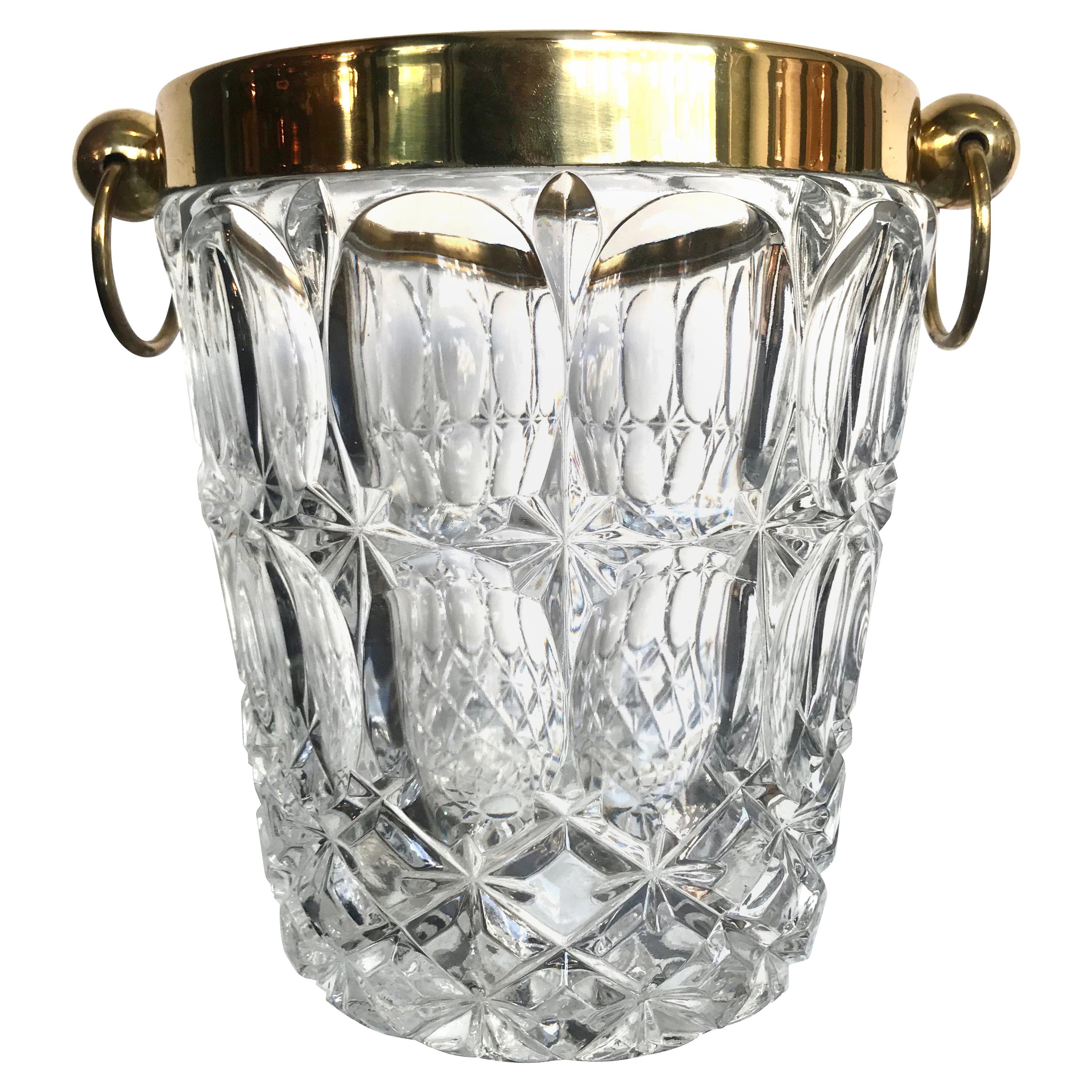 Val St Lambert Crystal Ice Bucket with Brass Top and Handles