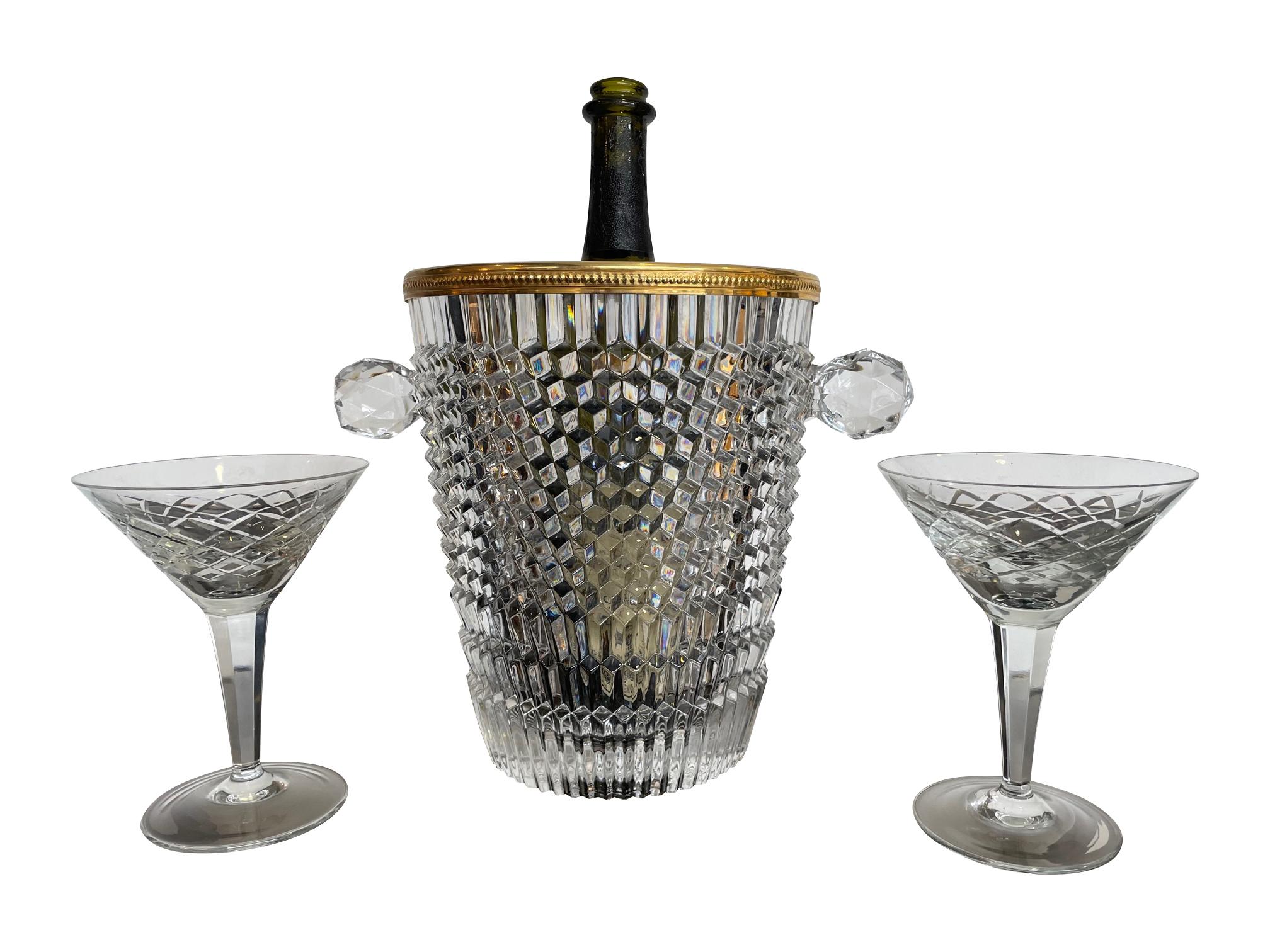 Val St Lambert Faceted Crystal Champagne Bucket with Gold Plated Detailed Rim 5