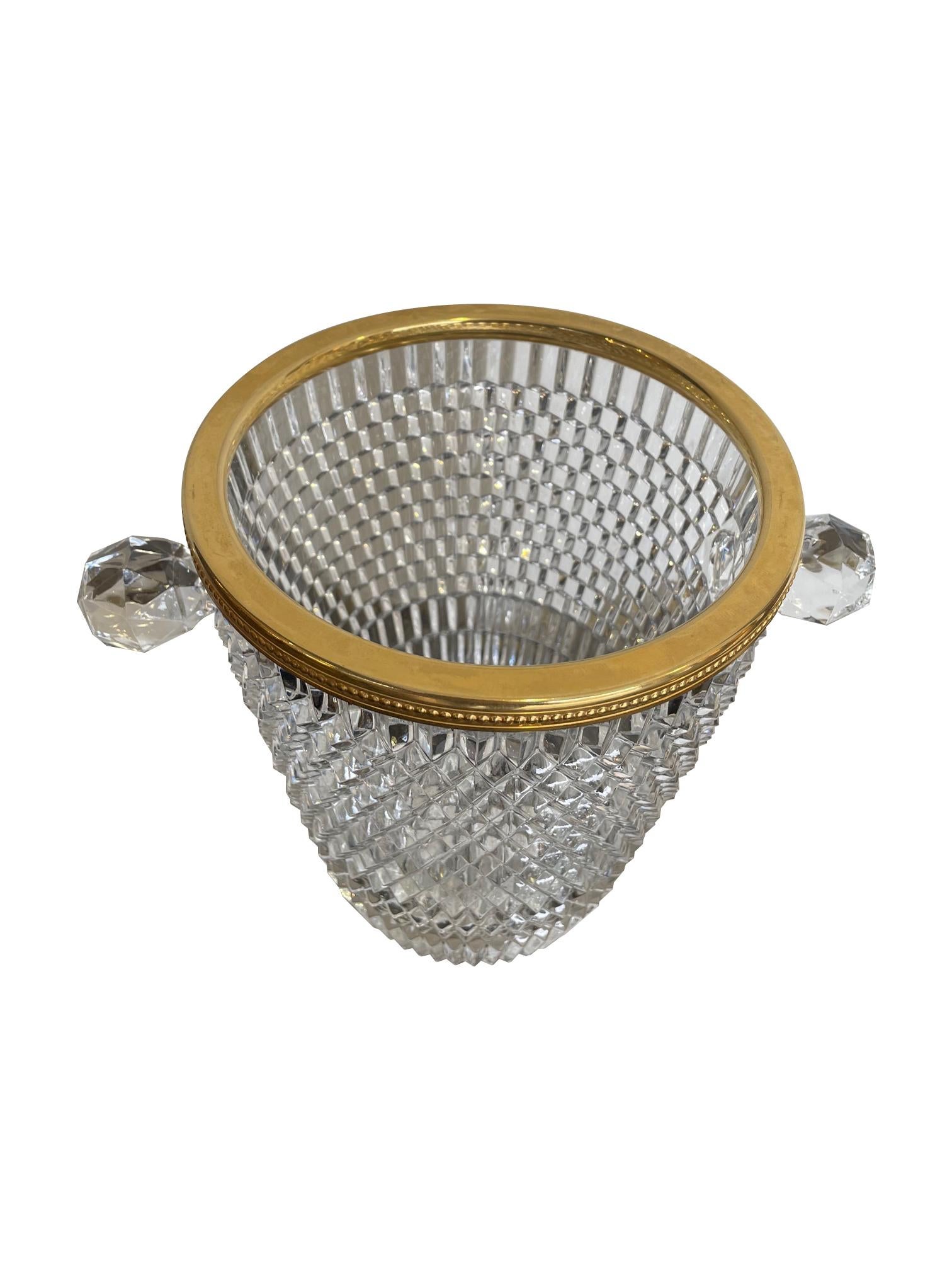 Mid-Century Modern Val St Lambert Faceted Crystal Champagne Bucket with Gold Plated Detailed Rim