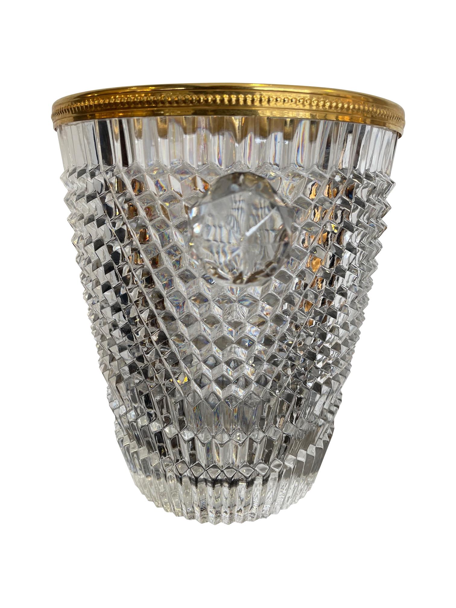 Belgian Val St Lambert Faceted Crystal Champagne Bucket with Gold Plated Detailed Rim