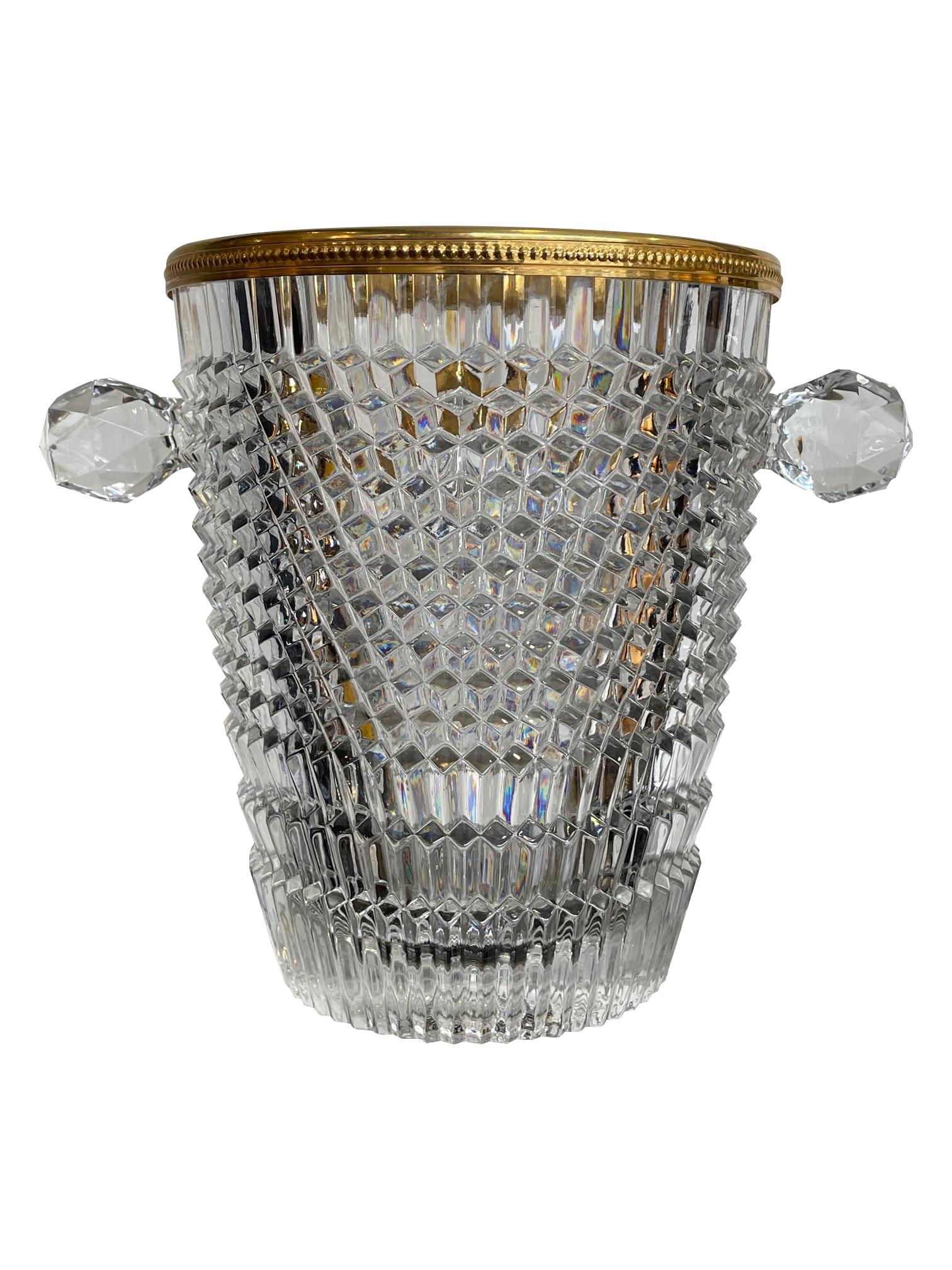 Val St Lambert Faceted Crystal Champagne Bucket with Gold Plated Detailed Rim 1