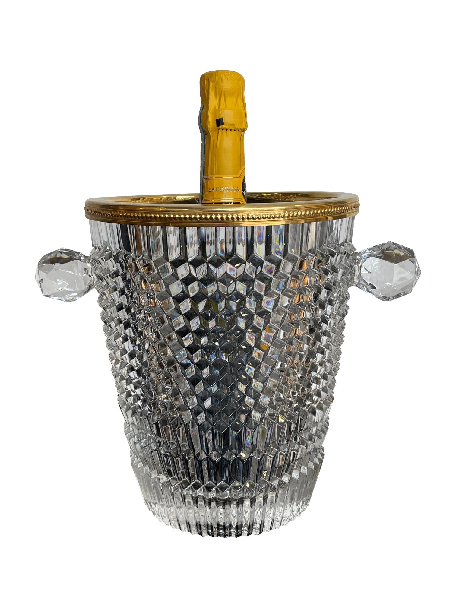 Val St Lambert Faceted Crystal Champagne Bucket with Gold Plated Detailed Rim 2