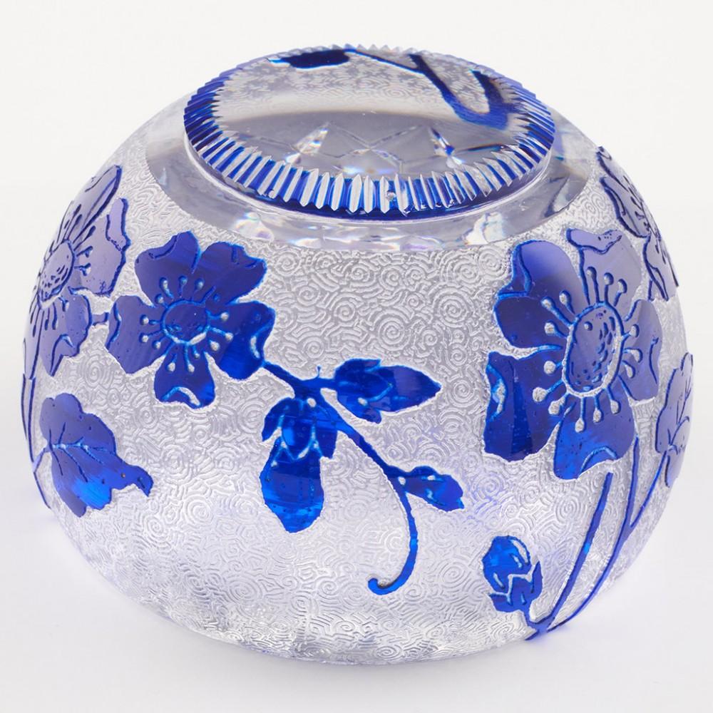 Heading : A Val St Lambert Leon Ledru Cameo Paperweight c1920
Date : c1920
Origin : Belgium
Features : Acid cut cameo blue flowers around the weight with multiple cut base and top facet window
Marks : 
Type : Lead
Size : 8.7cm diameter, Height