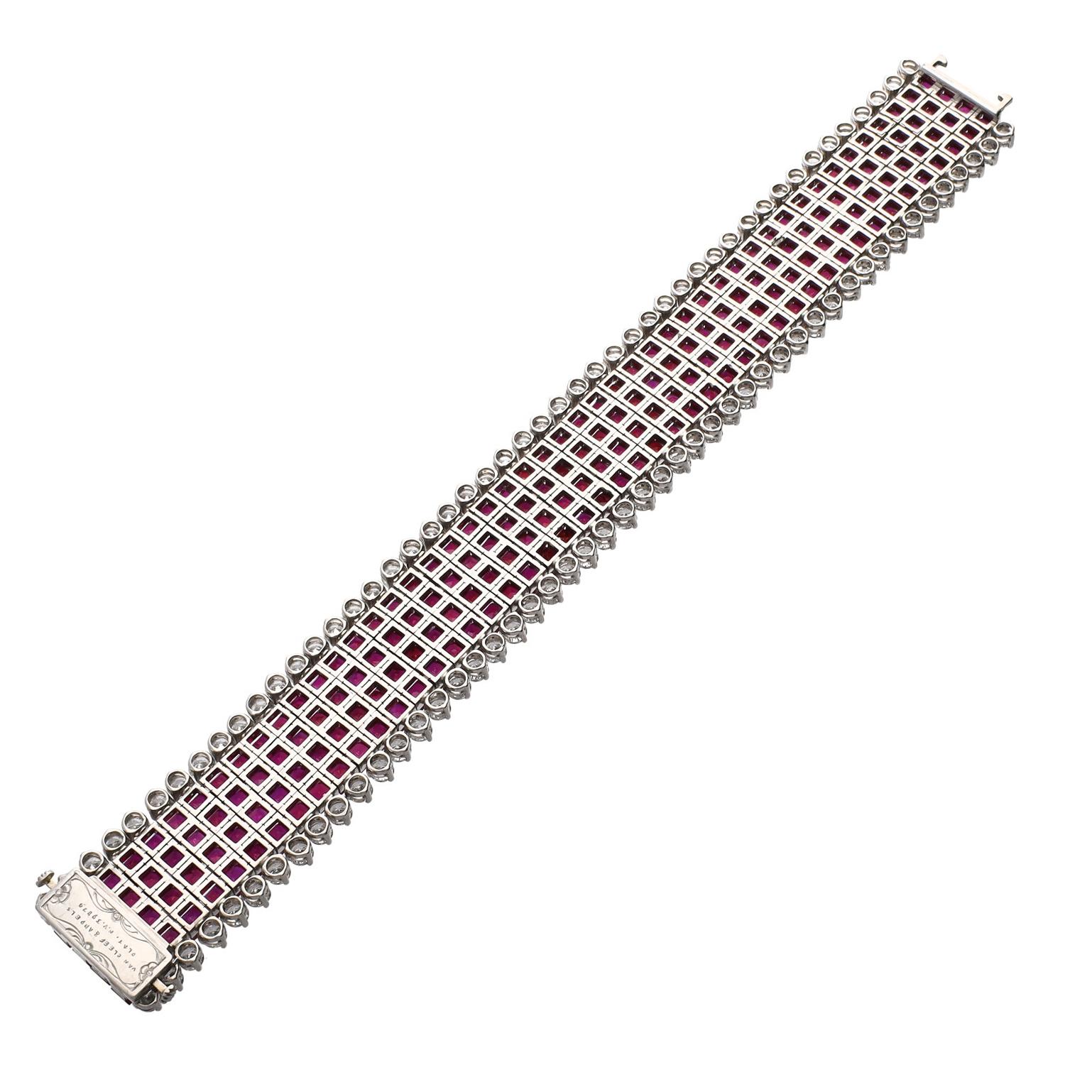 The highly flexible invisibly-set calibré-cut ruby four-row band, with diamond collet trim, mounted in platinum by Van Cleef & Arpels, is regarded as one of the jewelry masterpieces of the twentieth century. Great in demand by fine jewelry