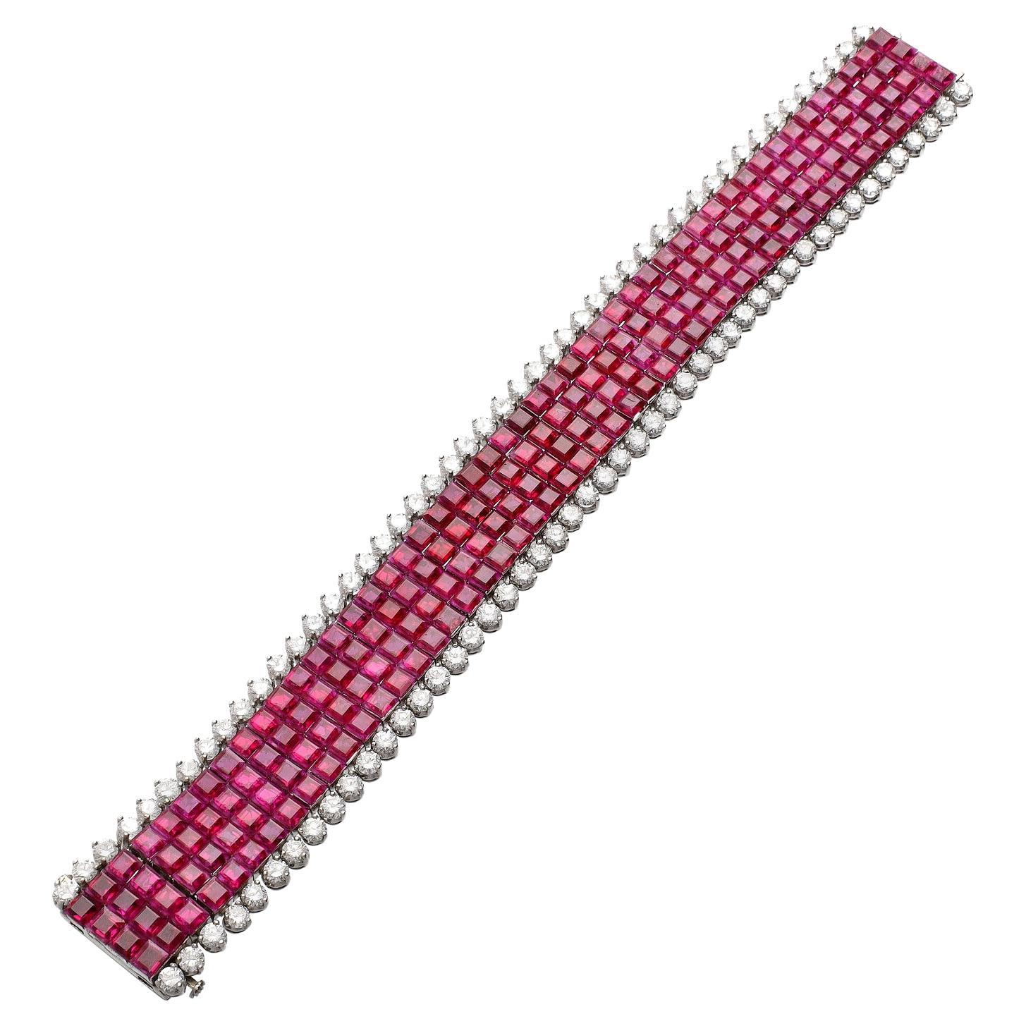 A Van Cleef & Arpels  Invisibly-Set Mystery Ruby Diamond Platinum Bracelet  For Sale