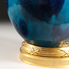 Variegated Blue Glaze Vase as a Table Lamp, Mounted with a Brass Base