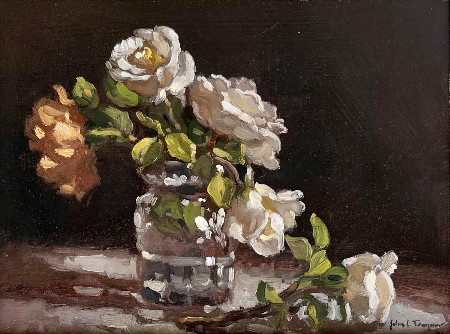 Oil painting featuring roses in a vase on a table by John C. Traynor. Signed and dated in the lower right and measuring 14.25