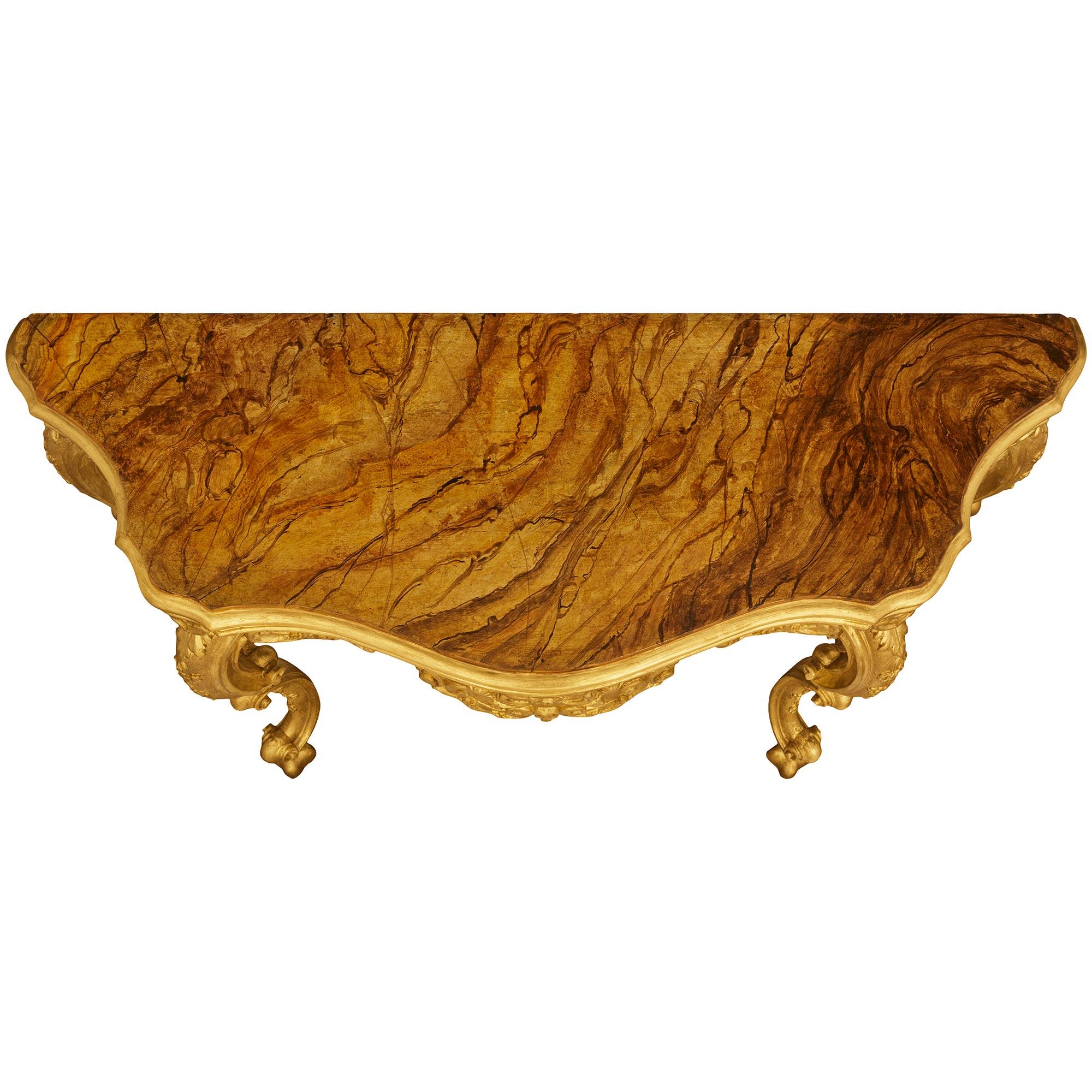 A Venetian 18th century Giltwood and faux painted marble console For Sale 5