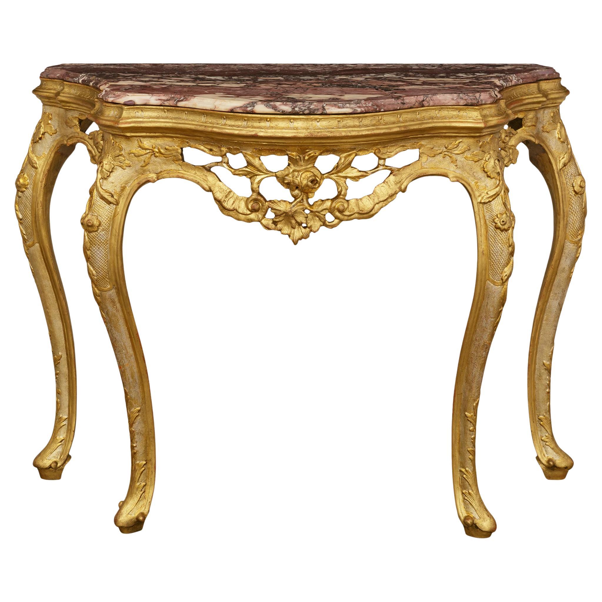 A Venetian 18th century Giltwood, Mecca and Fleur de Pêcher marble console For Sale