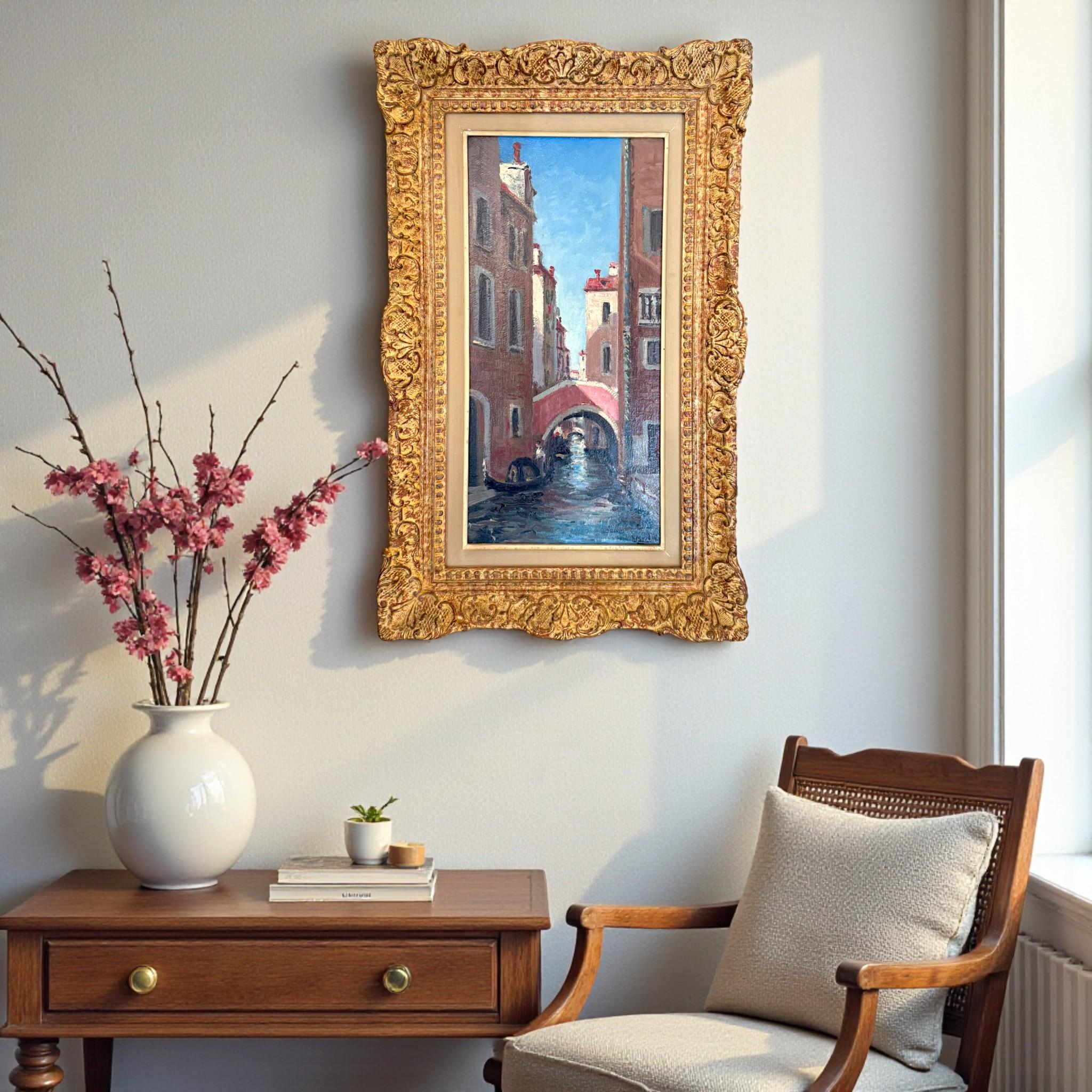 Beaux-Arts Canal vénitien avec un gondolier, cadre moulé patiné, signé, 19e siècle en vente