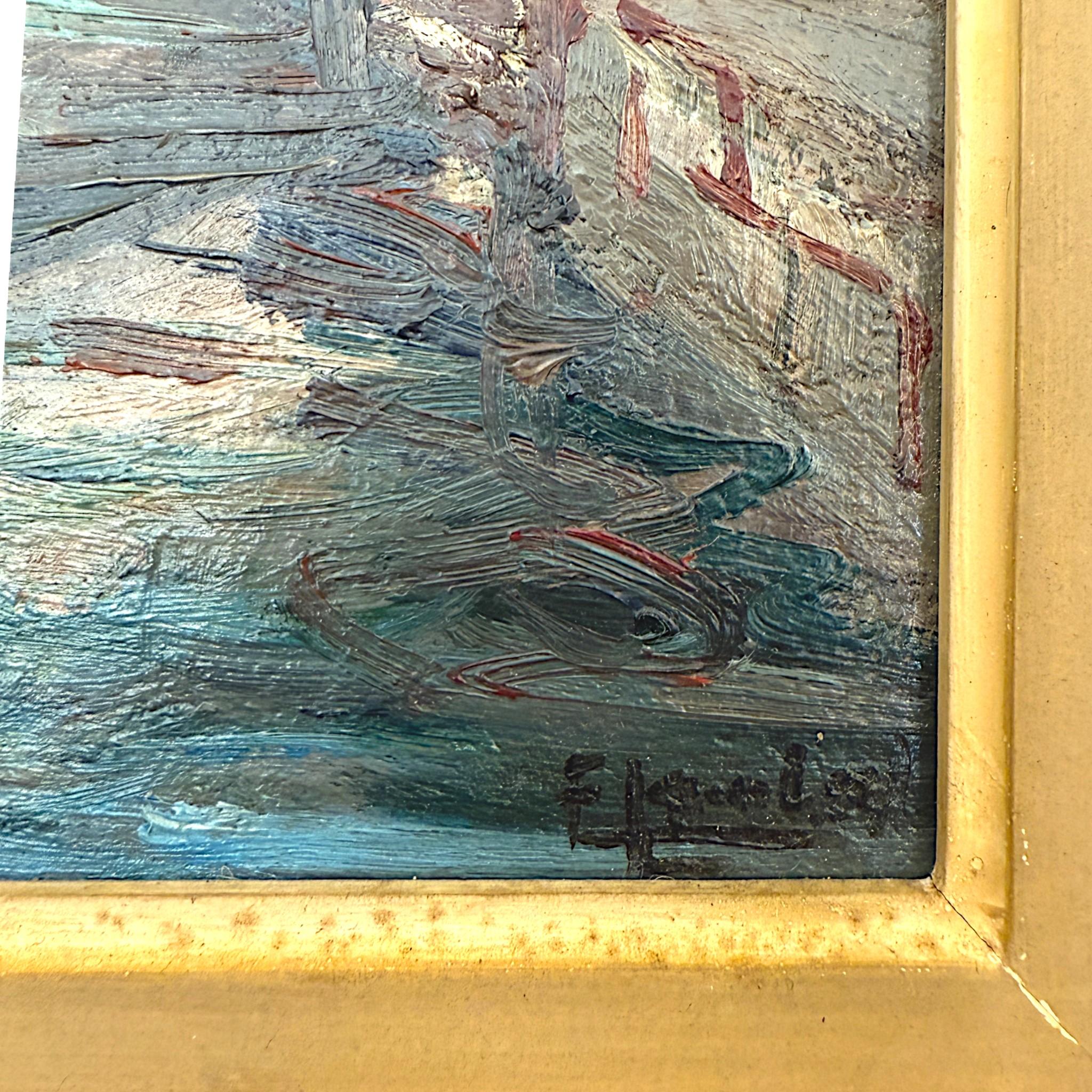 Huilé Canal vénitien avec un gondolier, cadre moulé patiné, signé, 19e siècle en vente