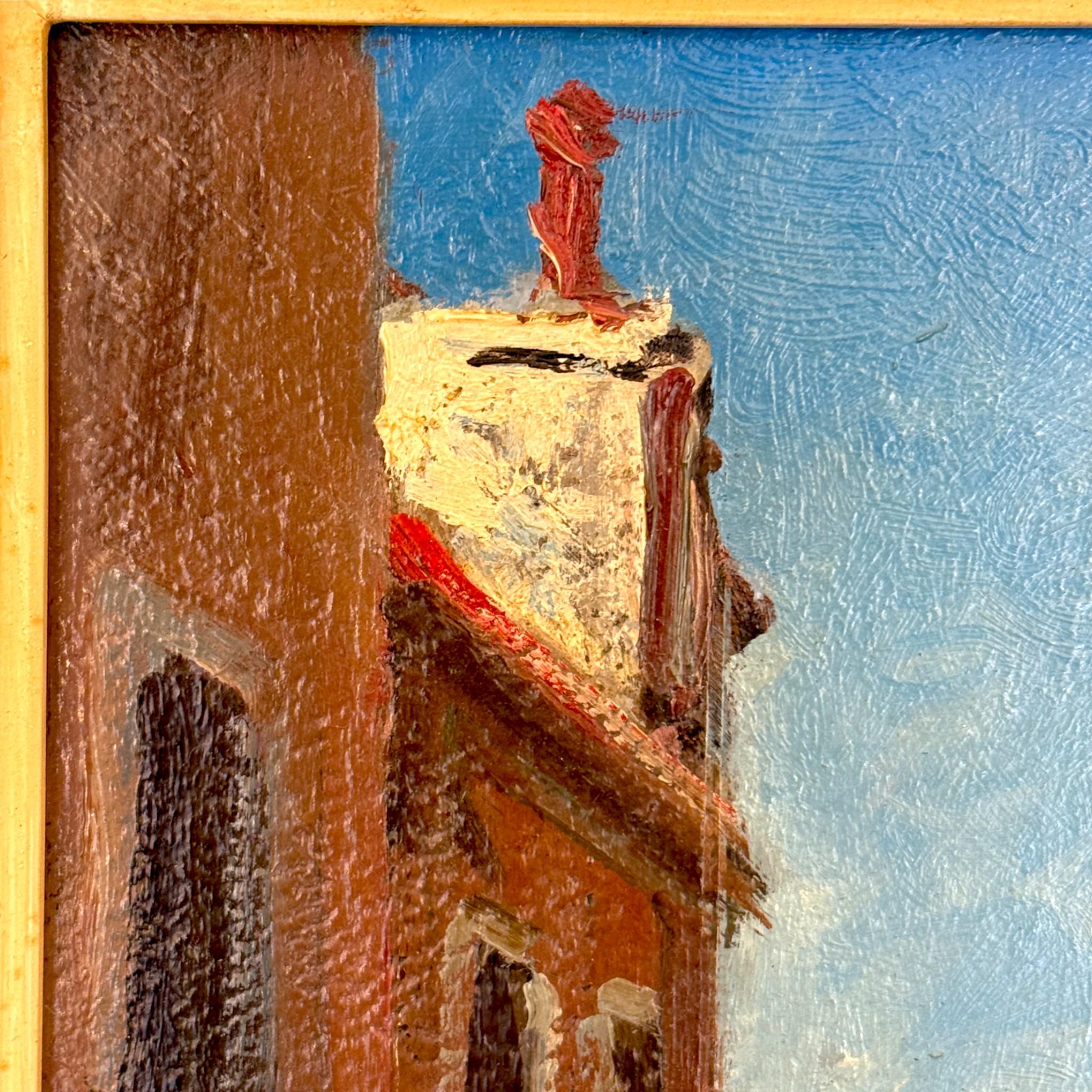 Canal vénitien avec un gondolier, cadre moulé patiné, signé, 19e siècle Bon état - En vente à NICE, FR