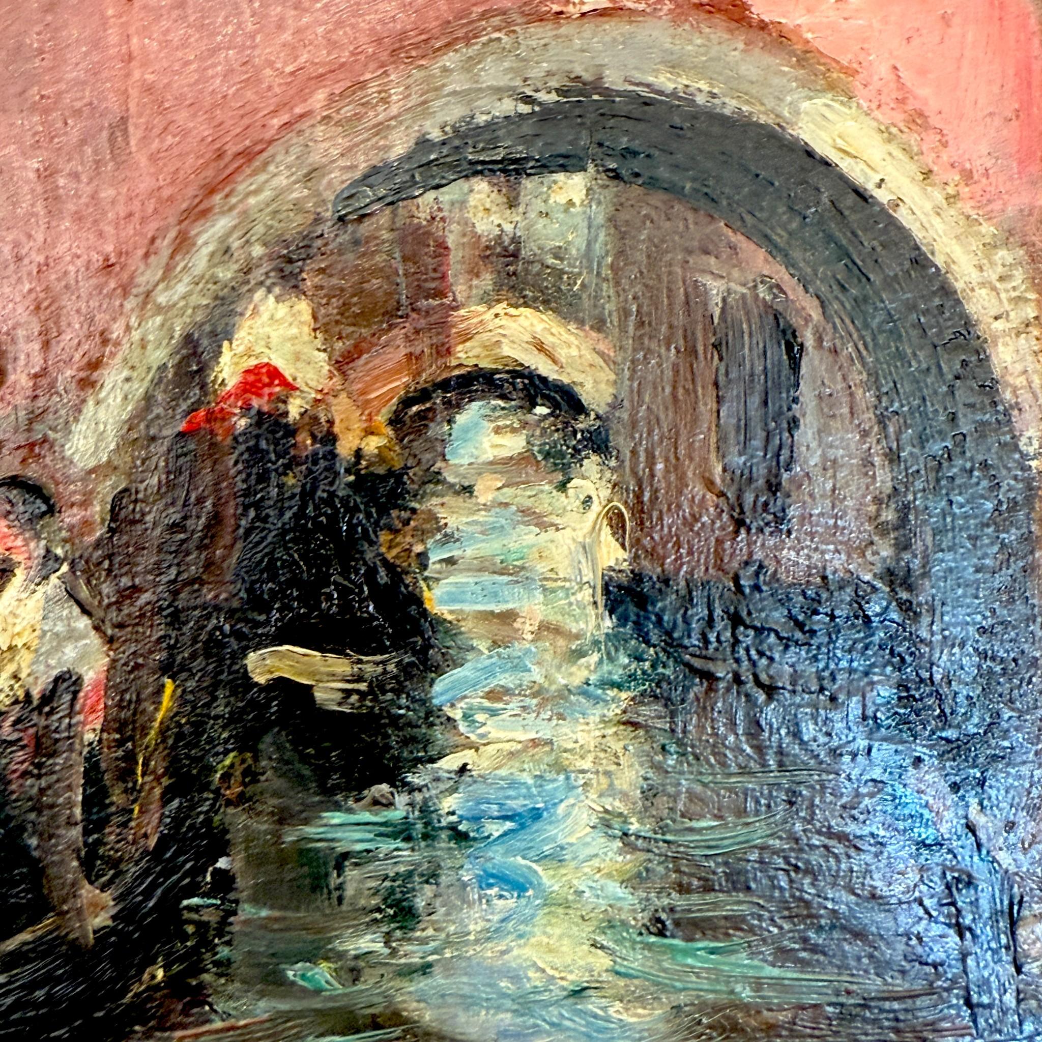 Bois Canal vénitien avec un gondolier, cadre moulé patiné, signé, 19e siècle en vente