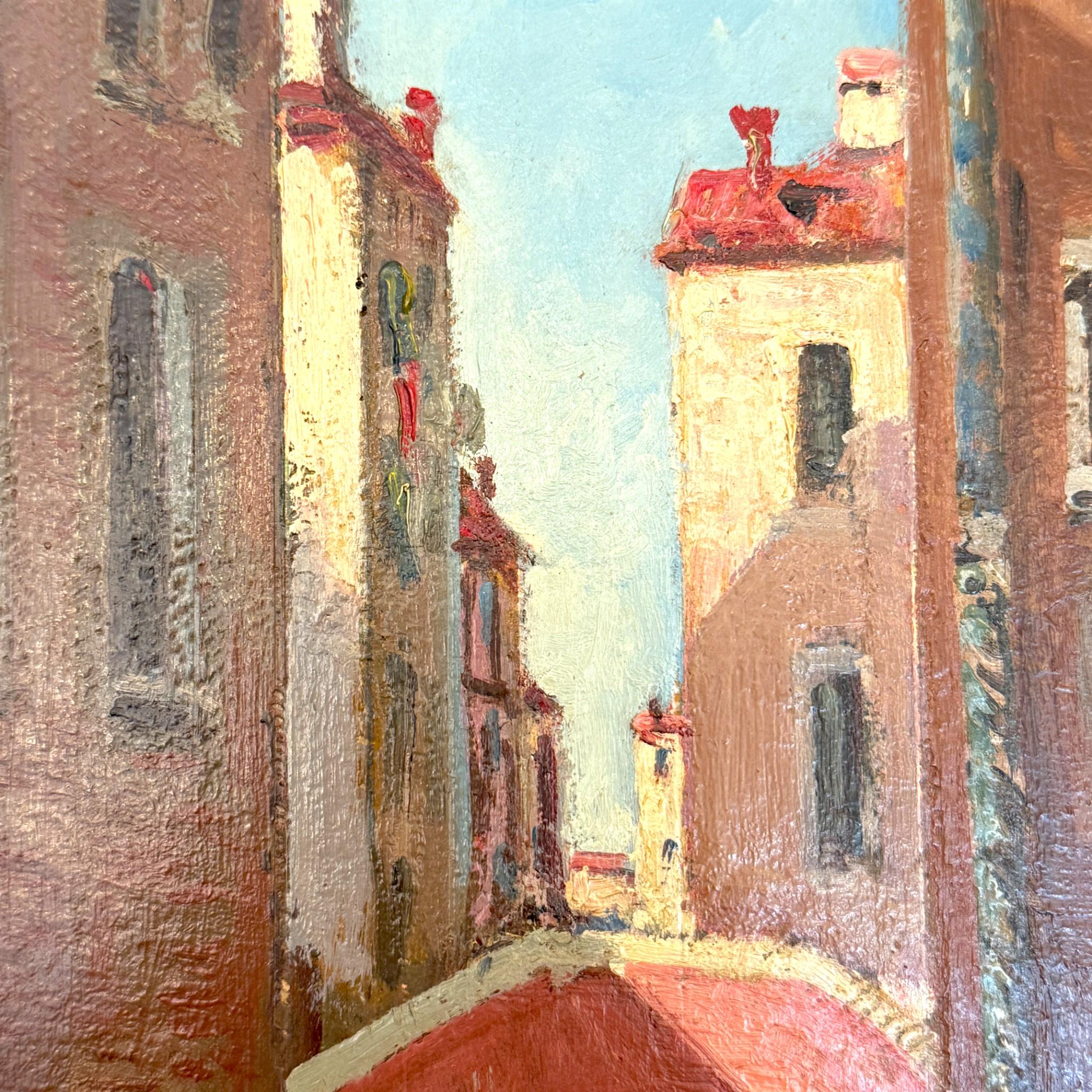 Canal vénitien avec un gondolier, cadre moulé patiné, signé, 19e siècle en vente 1