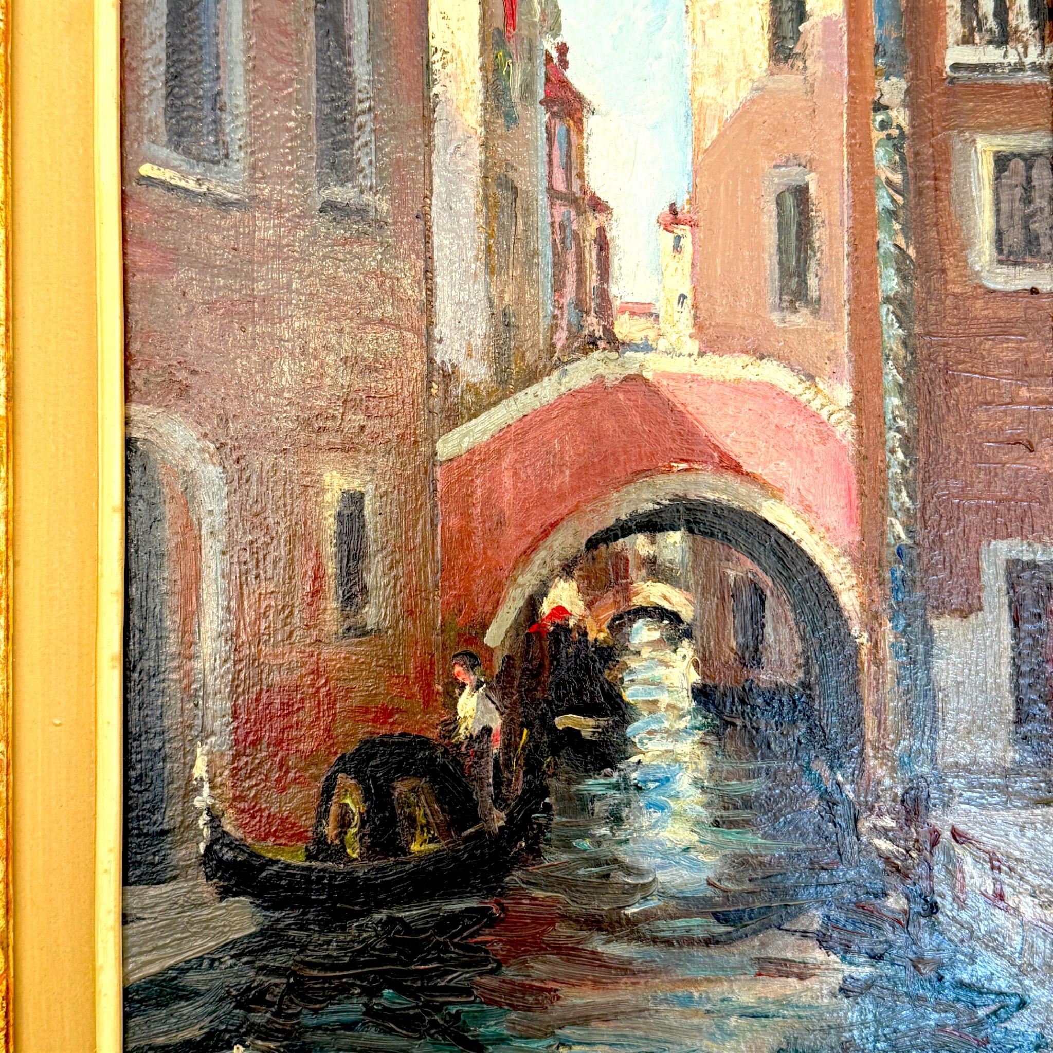 Canal vénitien avec un gondolier, cadre moulé patiné, signé, 19e siècle en vente 2