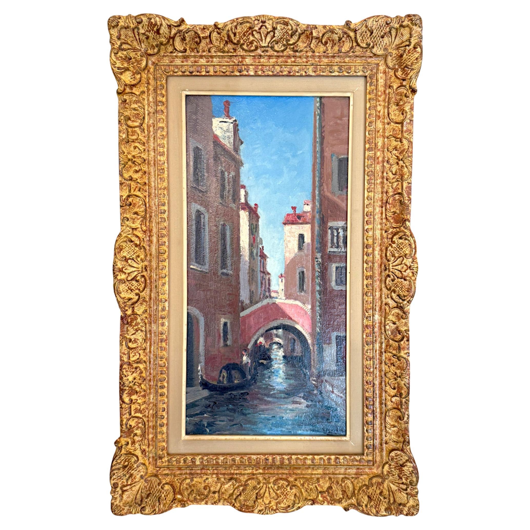 Ein venezianischer Kanal mit einem Gondoliere, patinierter, geformter Rahmen, signiert, 19.