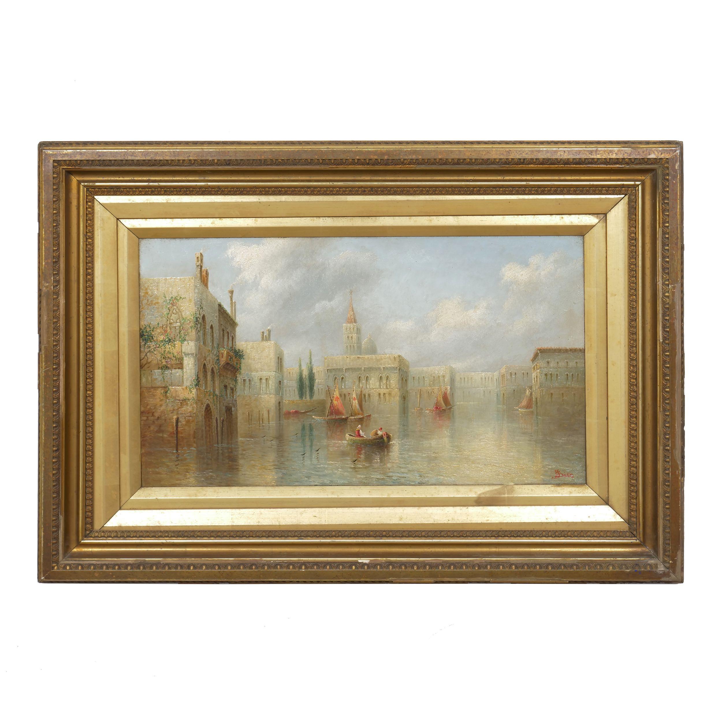 A vivid work in his typical translucent and nearly pastel palette, James Salt specialized in capriccio paintings, specifically capturing imagined views of Venice. His blues throughout the length of the canal grade gently into the bokeh of the