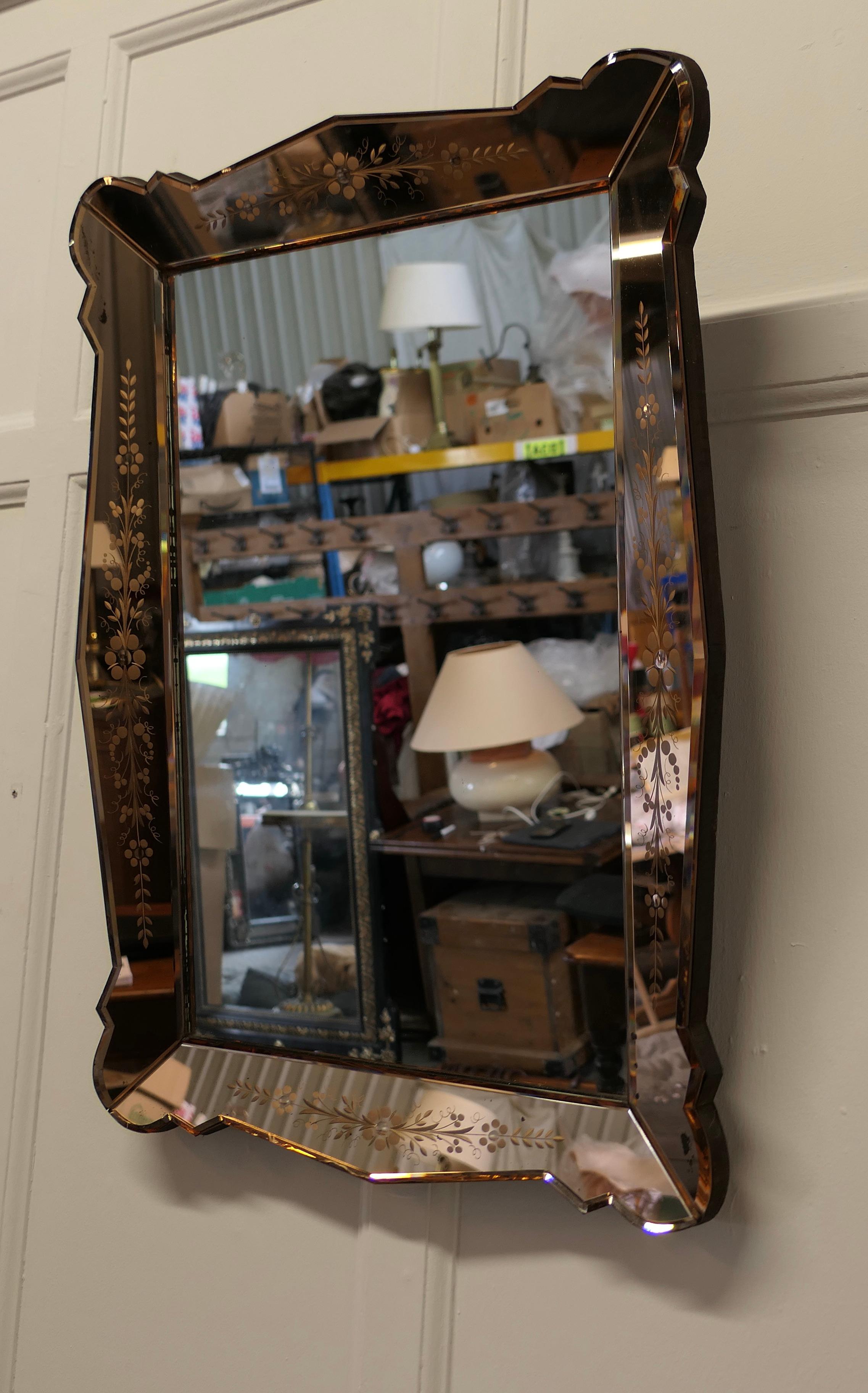 Mid-20th Century Venetian Etched Art Deco Wall Mirror For Sale
