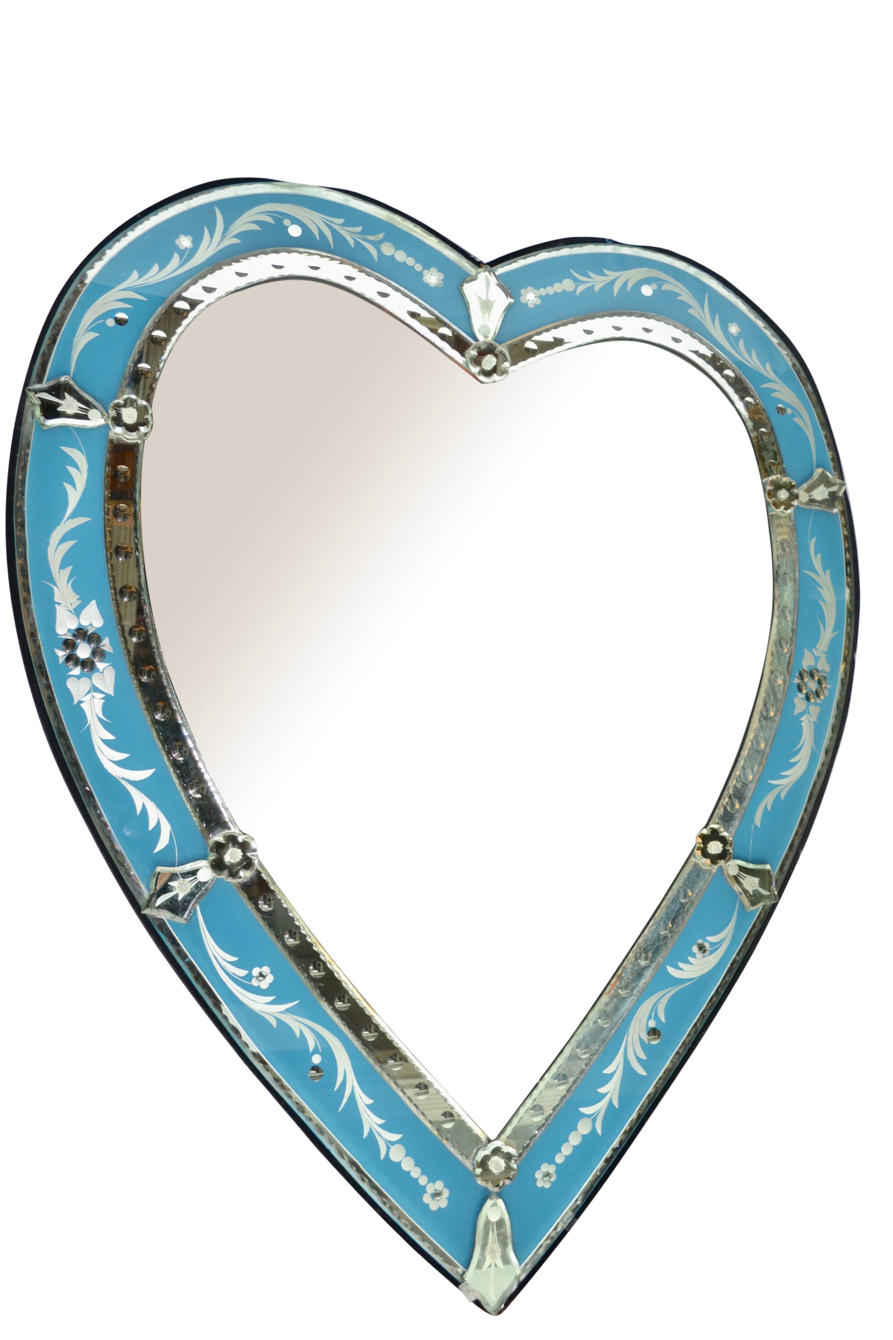 Mid-Century Modern Venetian Heart Shaped Mirror with Etched Blue Glass Border