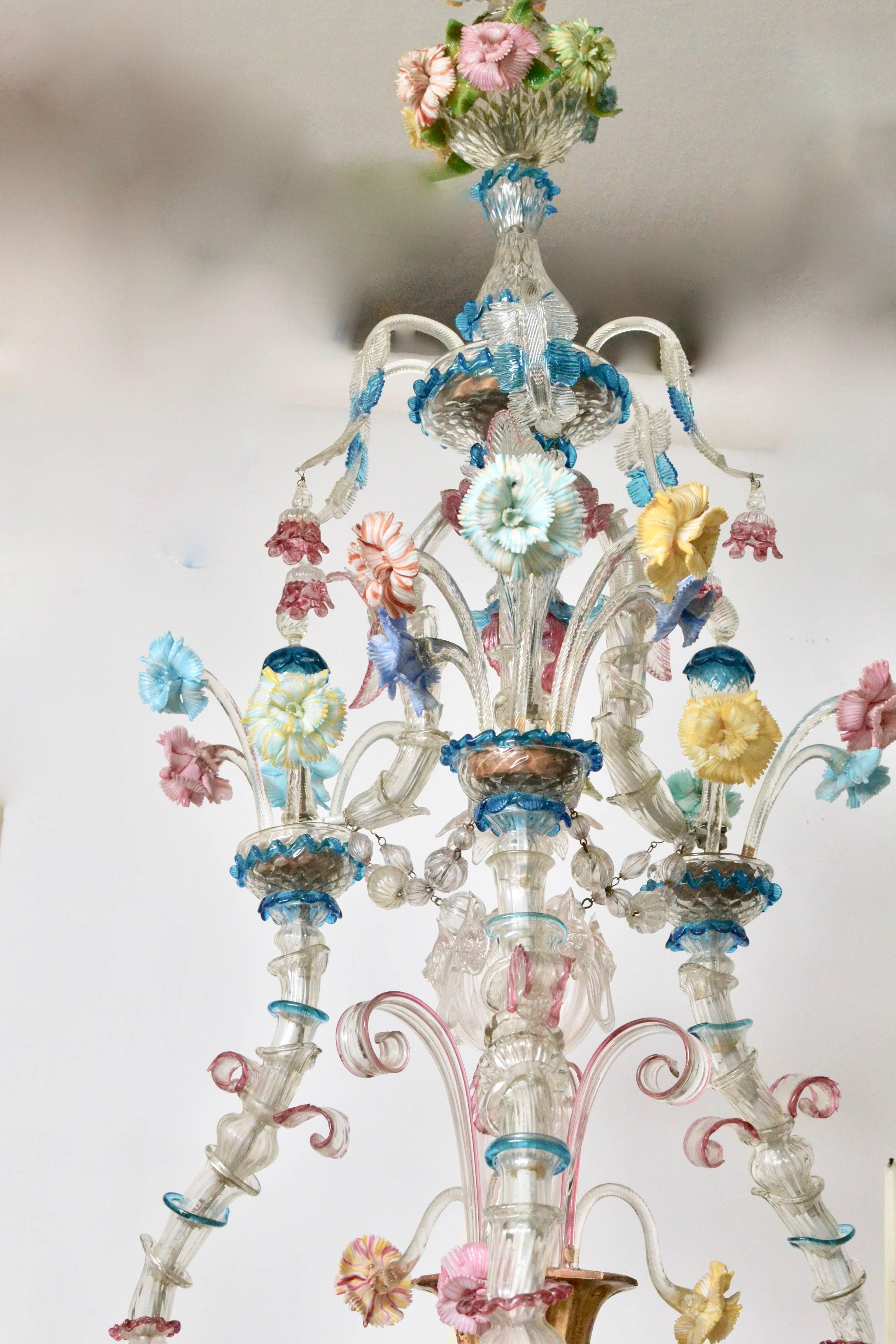 19th Century Venetian Polychrome Murano Glass 8-Light Chandelier For Sale
