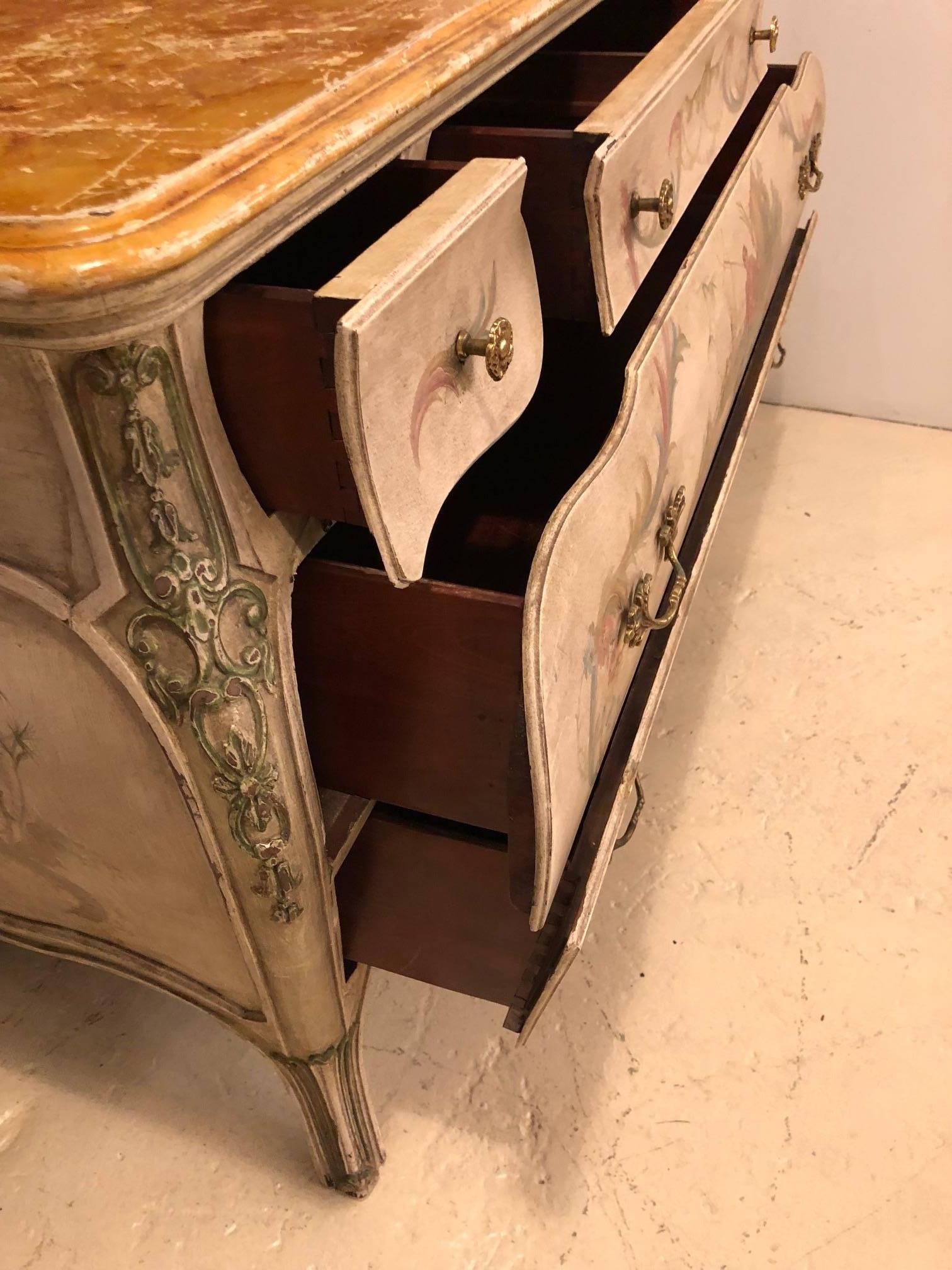Wood Venetian Scenic Bombe Chinoiserie Painted Commode with a Faux Marble Top For Sale