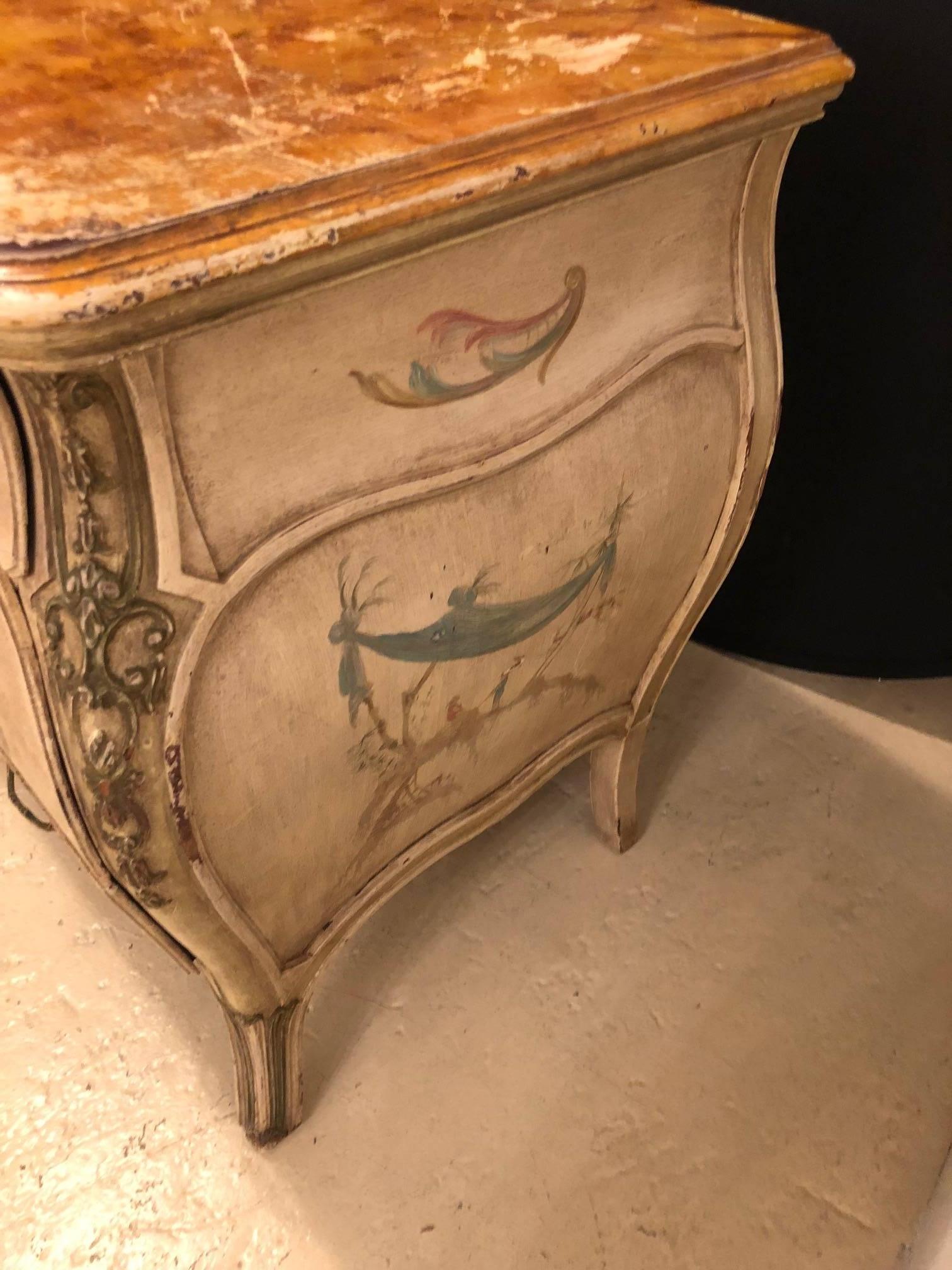 Venetian Scenic Bombe Chinoiserie Painted Commode with a Faux Marble Top For Sale 1