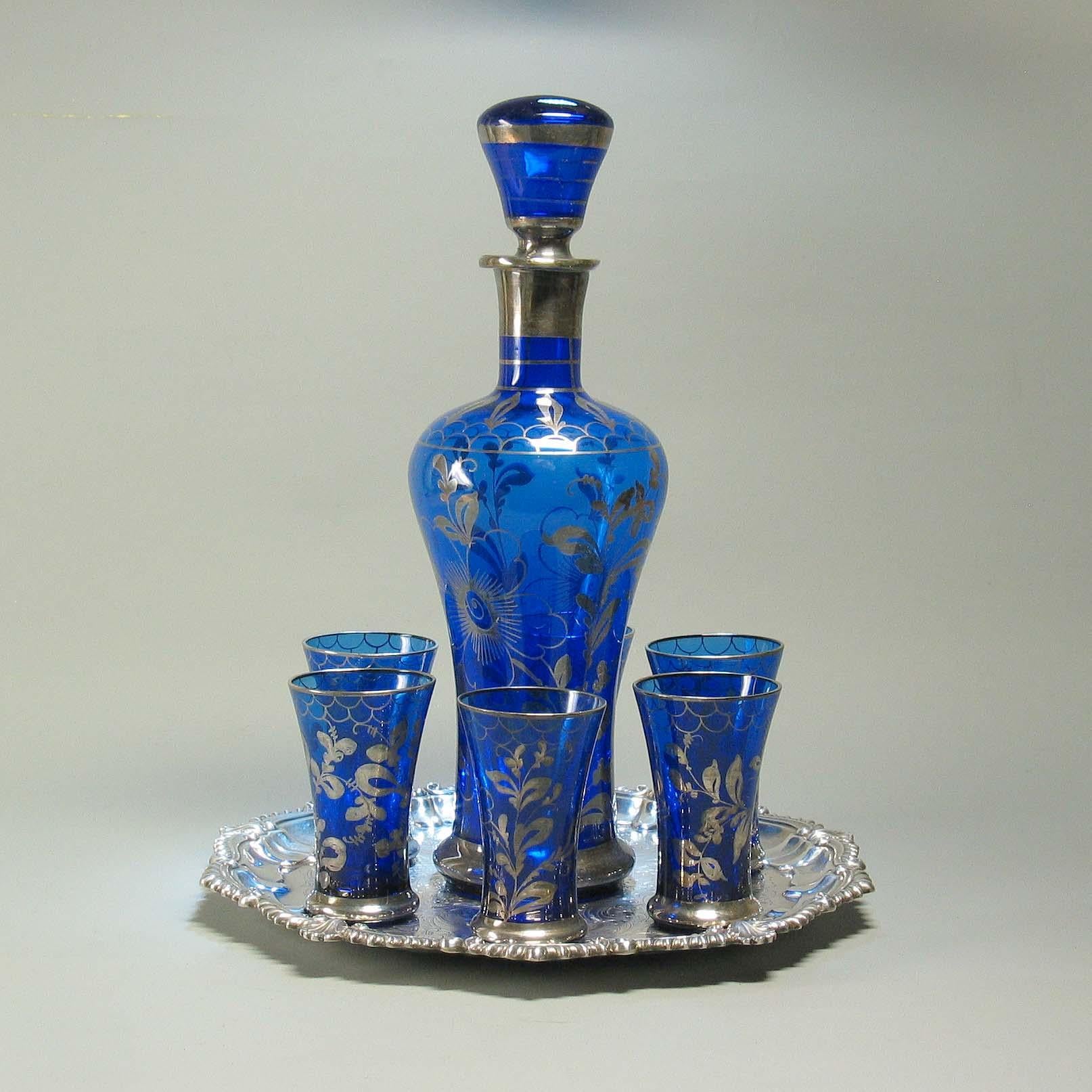 Mid-Century Modern Venetian Silver Gilded Cobalt Glass Liquor Set